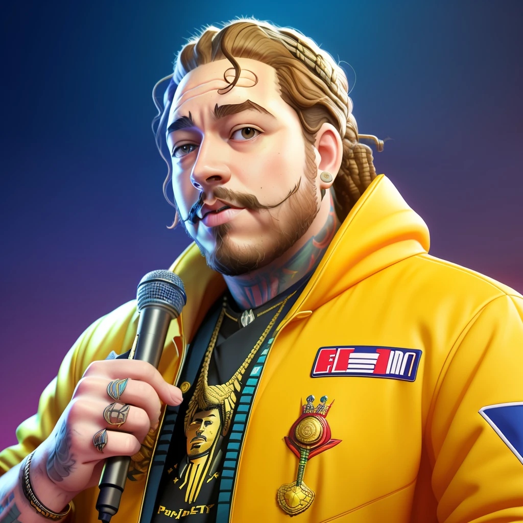 president ((post Malone)) with a gold microphone in hand, old CGI 3 d rendered Bryce 3 d, by Ben Zoeller, senior artist 3d render, portrait of hiding the pain harold, high quality wallpaper, wojtek fus, toon render keyshot, alexey egorov, in the style of kyrill kotashev, 3 d cartoon