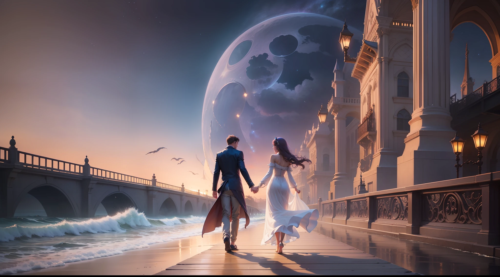 there are two people walking on a pier at night, holding hands in the moonlight, surreal scene, walking together, twilight ; digital painting, setting is bliss wallpaper, she is approaching heaven, walking away, (fantasy), inspired by Tim and Greg Hildebrandt, take my hand, dreamy and romantic, she is arriving heaven, fantasy, romantic!!!, couple walking hand in hand