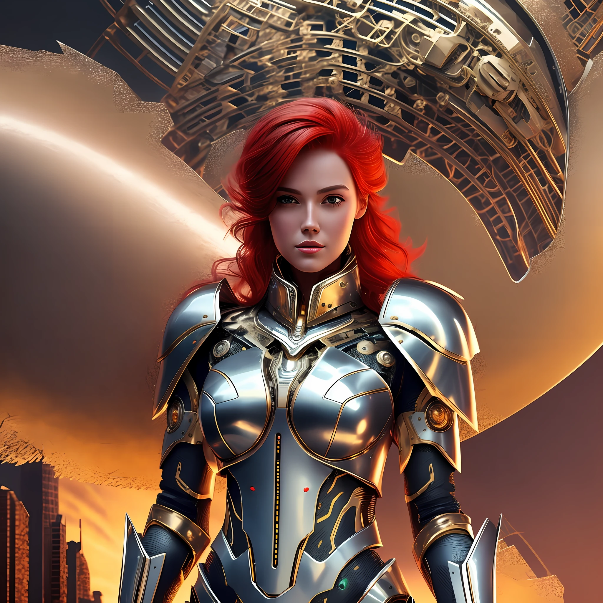 Beautiful sexy tall woman with robotic armor with red hair in galaxy super realistic and well detailed