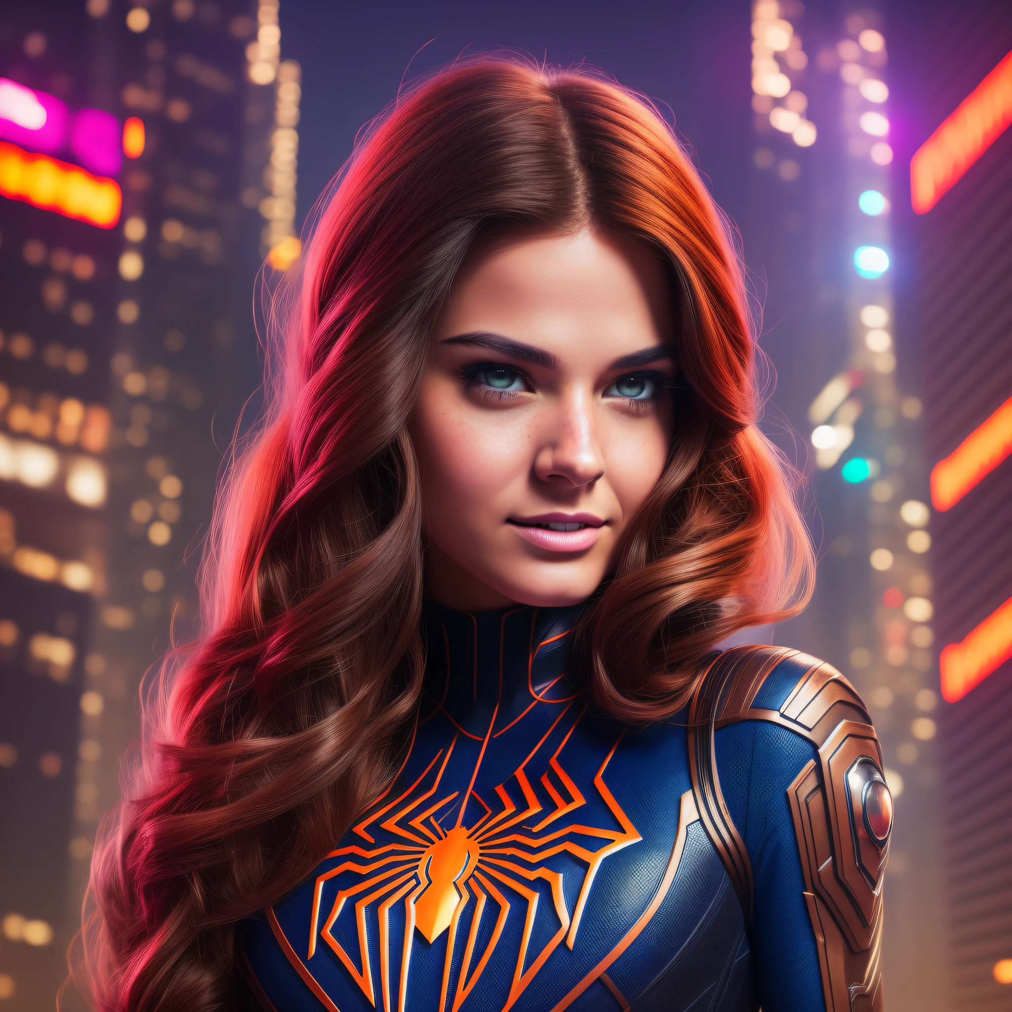 photograph of a beautiful young woman wearing futuristic Spider-Man cosplay without the mask with neon lights. brown hair. defined face. realism.dimples. fitness body. Photorealism 1.4. Scratchy face. 8k.RAW. Detailed face. futurism. cyberpunk city. neon lights. Tattoos.