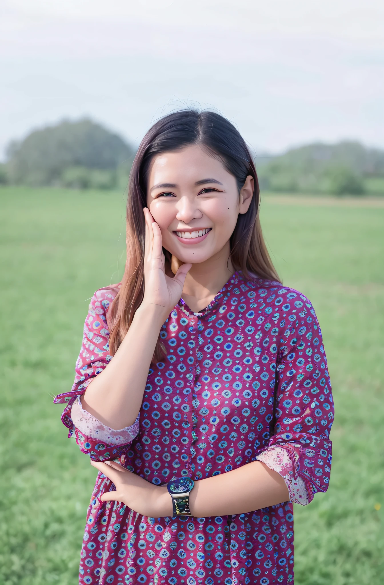 smiling woman in a red and blue dress standing in a field, nivanh chanthara, portrait image, inspired by Ruth Jên, mai anh tran, portrait of modern darna, joy ang, portrait, photo of a woman, vietnamese woman, mid shot portrait, profile image, by Ruth Jên, 40 years old women, jen zee