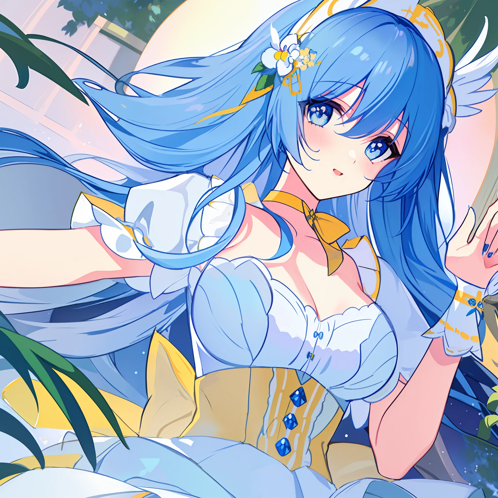 Facing right, ((((Masterpiece)))), (((Best Quality)))), ((((Very detailed))), Detailed fingers, Illustration, 1 girl, Solo, Sky blue long hair, violet colored eyes, Flower hair ornament, White feather hair ornament, Yellow moon hair ornament, Wide open chest, Large breasts, Large white ribbon at the waist, Yellow idle dress, Choker with yellow ribbon with white flowers, White gloves, White tights , MIKU, Royal Elegant Pose