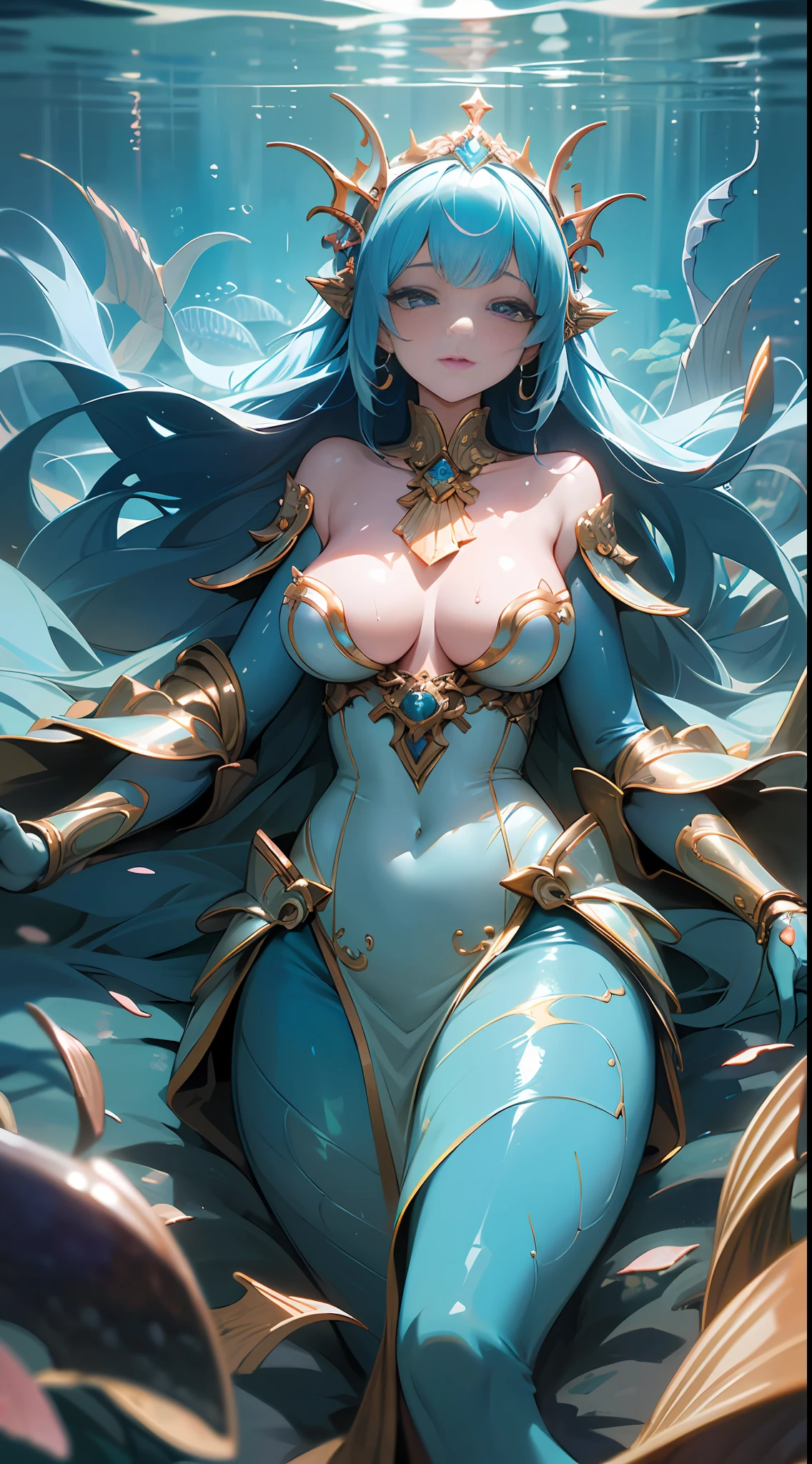 (Masterpiece, high quality), (masterpiece), (best quality), (intricate details), (glossy skin:1.2), (shiny skin:1.2), (wet:1.2) (blurry background), (1girl:1.2), (large breasts), ((In the deep sea, there is an underwater palace guarded by a woman who, although not a mermaid, has fins all over her body.)) Her appearance is human, but she is armed with a fantastical spear and armor. The surrounding environment is filled with coral reefs and luminescent creatures, adding to the mystical atmosphere of the palace.korean idol face, --auto --s2