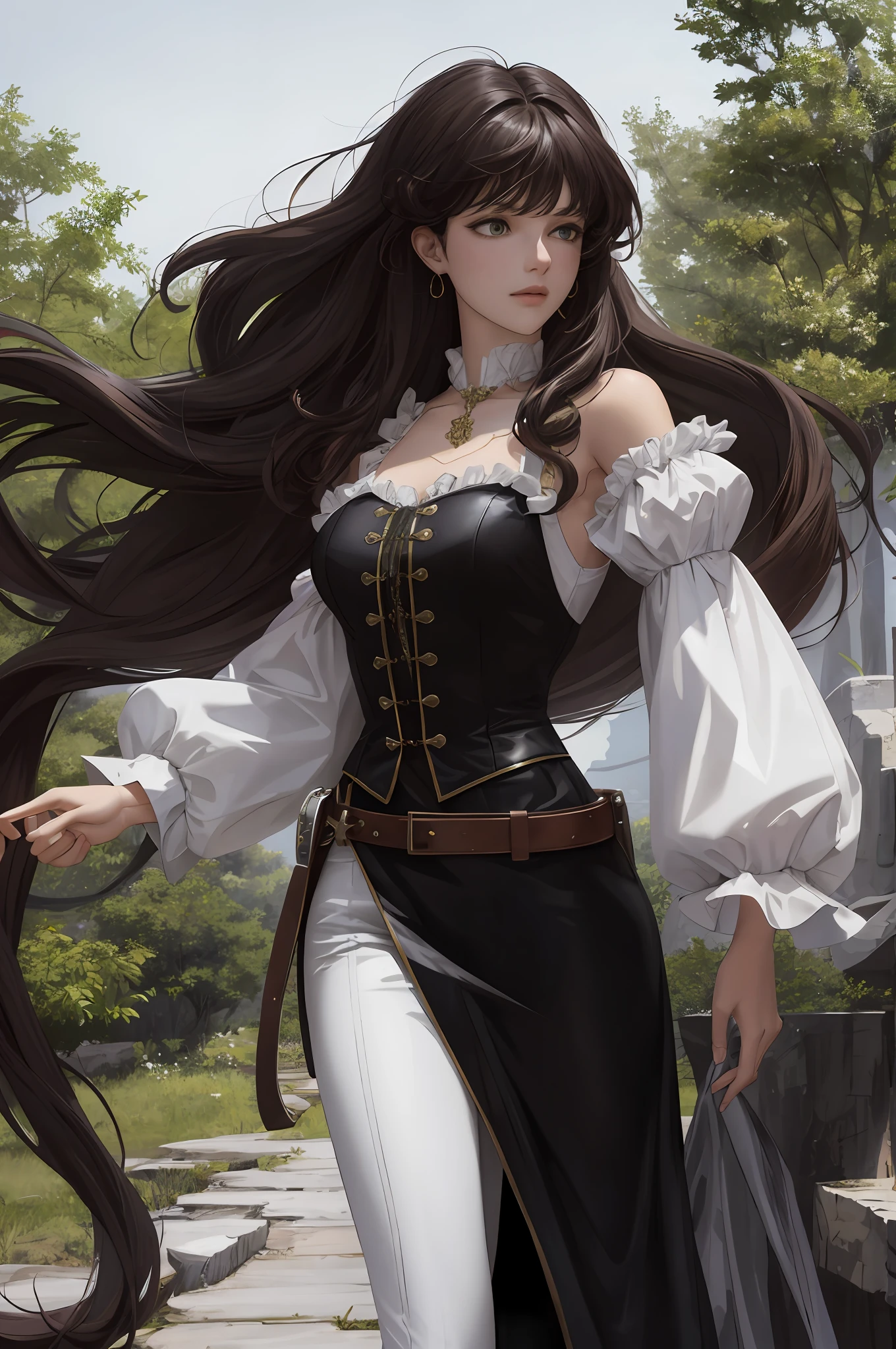 8k, best quality, masterpiece, highly detailed, semi realistic, a girl, a girl, 20 years old, long dark brown hair with bangs, curly hair, green eyes, black rococo style cut clothes, black robe, white pants, thin white sock, black leather vest, bare shoulders, thin figure, cold expression, battle scenes, forest background, many trees.