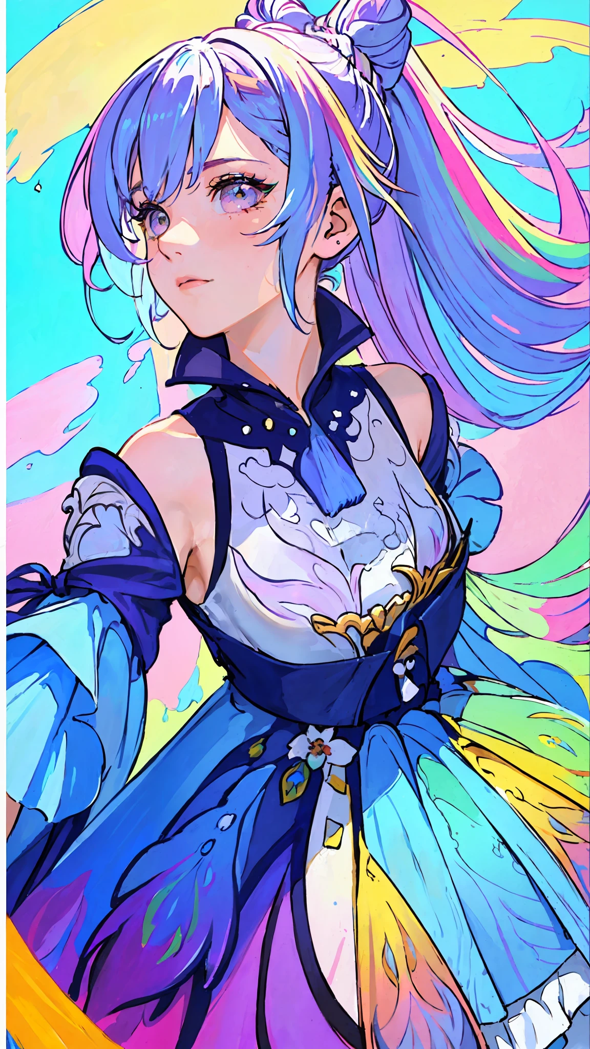(Pink Fashion T-shirt:1.9),(Colorful hair: 1.8), (all the colours of the rainbow: 1.8),(((((vertical painting:1.6))), (painting:1.6),front, comics, illustrations, paintings, large eyes, crystal clear eyes,( rainbow color gradient high ponytail:1.7), exquisite makeup, closed mouth,(Small Fresh: 1.5),(Wipe Chest: 1.6) ,long eyelashes, white off shoulder T-shirt, White Shoulder Shirt,looking at the audience, large watery eyes, (rainbow colored hair:1.6), color splash, (solo:1.8), color splash, color explosion, thick paint style, messy lines, ((shining)),(colorful), (colorful), (colorful), colorful, Thick Paint Style, (Splash) (Color Splash), Vertical Painting, Upper Body, Paint Splash, Acrylic Pigment, Gradient, Paint, Highest Image Quality, Highest Quality, Masterpiece, Solo, Depth of Field, Face Paint, colorful clothes, (Elegant: 1.2), gorgeous,long hair, wind, (Elegant: 1.3), (Petals: 1.4),(((masterpiece))),(((best quality))),((ultra-detailed)),(illustration),(dynamic angle),((floating)),(paint),((disheveled hair)),(solo),(1girl) , (((detailed anima face))),((beautiful detailed face)),collar,bare shoulders,white hair, ((colorful hair)),((streaked hair)),beautiful detailed eyes,(Gradient color eyes),(((colorful eyes))),(((colorful background))),(((high saturation))),(((surrounded by colorful splashes))),