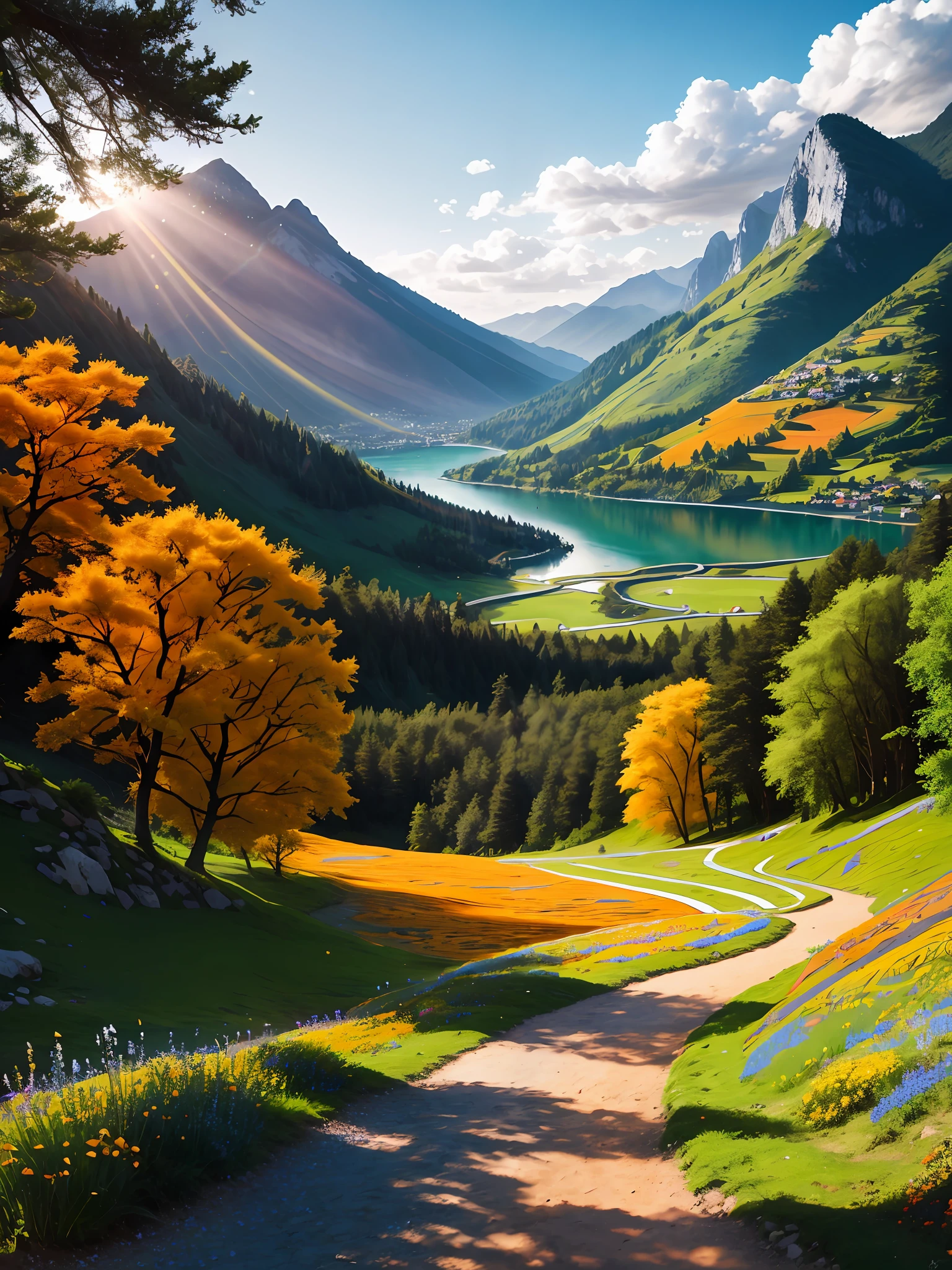 Very beautiful real photo, 4k, of a pretty woman of exceptional beauty, confidently walking down a dusty path that winds through a green mountain. Her long hair dances with the gentle mountain breeze and her sparkling eyes reflect the clear blue sky. Around it, dense green plants bloom, giving life to the picturesque landscape. At the edge of the dusty path, small flowers in vibrant shades of orange and yellow are scattered, illuminating the path with their bright colors. At the foot of the mountain, a clear lake stretches out, reflecting the golden rays of the sun, adding to the enchanting and breathtaking view. The image is characterized by fine details, bright colors and soft natural lighting. This high-resolution image is rendered in 4K quality with a resolution of 3000 megapixels, ensuring that every detail is captured with the utmost clarity and precision.