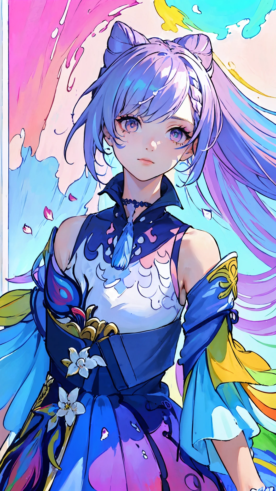 (Pink Fashion T-shirt:1.9),(Colorful hair: 1.8), (all the colours of the rainbow: 1.8),(((((vertical painting:1.6))), (painting:1.6),front, comics, illustrations, paintings, large eyes, crystal clear eyes,( rainbow color gradient high ponytail:1.7), exquisite makeup, closed mouth,(Small Fresh: 1.5),(Wipe Chest: 1.6) ,long eyelashes, white off shoulder T-shirt, White Shoulder Shirt,looking at the audience, large watery eyes, (rainbow colored hair:1.6), color splash, (solo:1.8), color splash, color explosion, thick paint style, messy lines, ((shining)),(colorful), (colorful), (colorful), colorful, Thick Paint Style, (Splash) (Color Splash), Vertical Painting, Upper Body, Paint Splash, Acrylic Pigment, Gradient, Paint, Highest Image Quality, Highest Quality, Masterpiece, Solo, Depth of Field, Face Paint, colorful clothes, (Elegant: 1.2), gorgeous,long hair, wind, (Elegant: 1.3), (Petals: 1.4),(((masterpiece))),(((best quality))),((ultra-detailed)),(illustration),(dynamic angle),((floating)),(paint),((disheveled hair)),(solo),(1girl) , (((detailed anima face))),((beautiful detailed face)),collar,bare shoulders,white hair, ((colorful hair)),((streaked hair)),beautiful detailed eyes,(Gradient color eyes),(((colorful eyes))),(((colorful background))),(((high saturation))),(((surrounded by colorful splashes))),