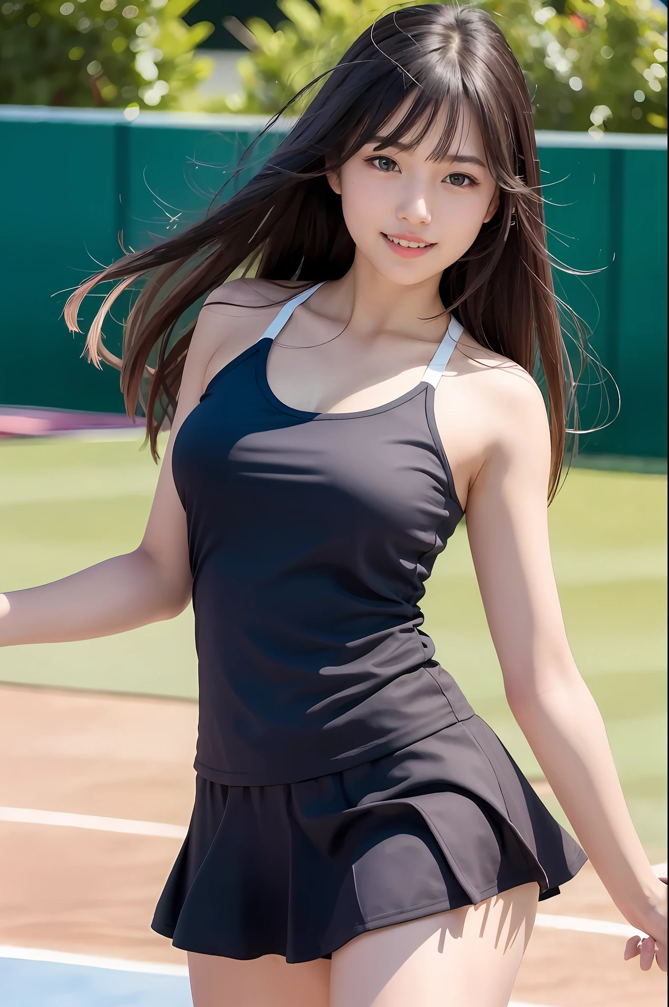 (8K, Best Quality, Masterpiece: 1.2), (Realistic, Photorealistic: 1.37), Super Detail, 1 Girl, 20 years old, Big, Beauty, Cute, Smile, Solo, Tennis Wear, Mini Skirt Twisted, Tennis Court, (Nose Red), (Smile: 1.15), (Mouth Closed), Beautiful Eyes, (Long Hair: 1.2), Floating Hair Novafrog style, upper body