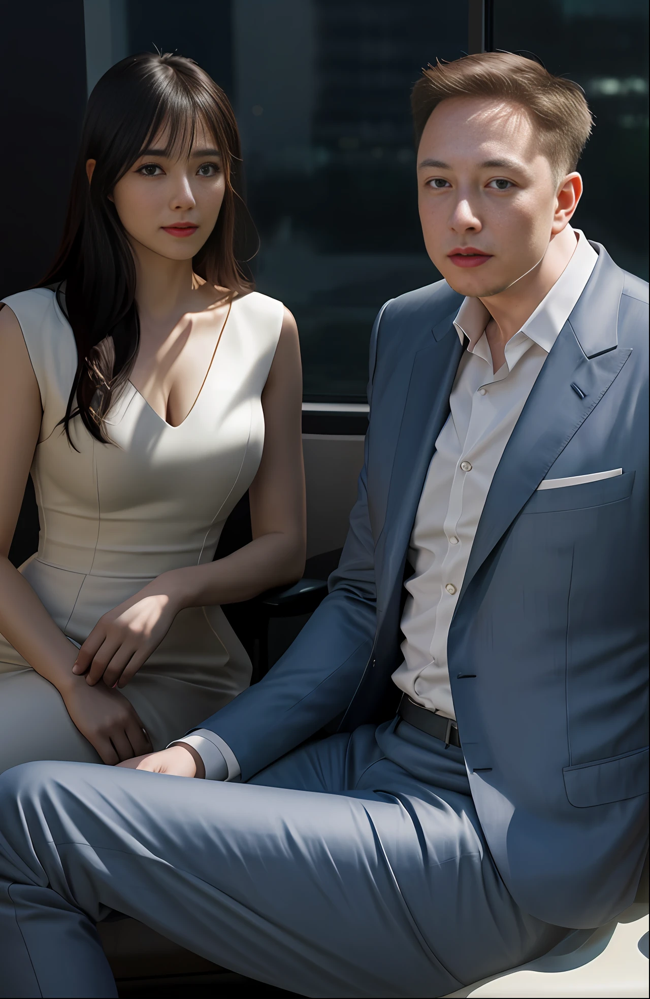 Elon Musk and Jeff Bezos posing together in one photo,and sitting wearing stylized suits, one has dark hair and one is standing, one is sitting on chair and one is standing behind him, grand window, dramatic realistic lighting, very realistic, realistic skin, realistic skin texture, realistic hair texture, realistic, detailed face, detailed eyes, detailed mouth,
Coserene, majestic, professional photography, sony alpha 7 series iv, UHD, 9999K , lens 24mm, iso 300 , f1.0, aperture 1/100, ultra detailed, hyper realistic model:Sreal