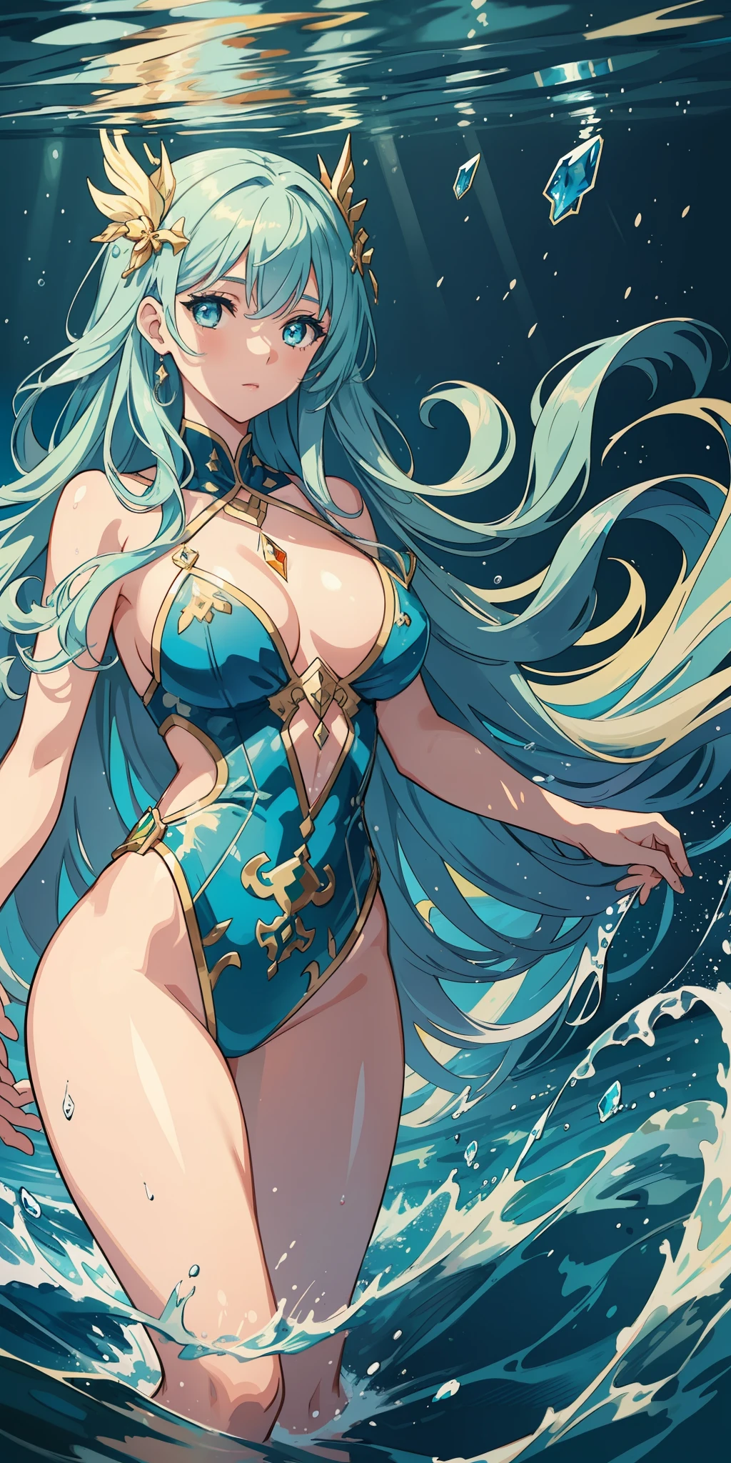 (masterpiece:1.2), (artwork:1.2), (detailed artwork), (detailed eyes:1.3), (A beautiful girl immersed in water), her (long hair flowing through the water). She is adorned with dazzling and dynamically colored guardian costumes, as depicted in an illustration by Pixiv. His yellow eyes stand out against the water. The background shows a clear oceanic seascape with crystal clear waters in incredible and cinematic tones. The overall composition forms a beautiful and illustrative painting, displayed on an extremely detailed CG 8K wallpaper.