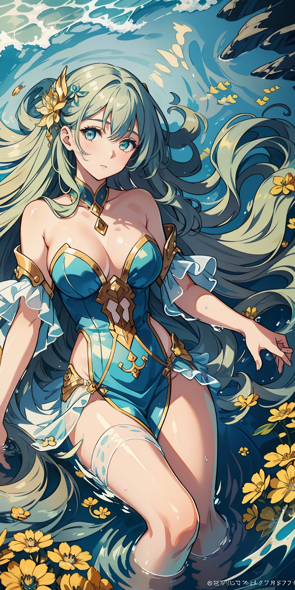 (masterpiece:1.2), (artwork:1.2), (detailed artwork), (detailed eyes:1.3), (A beautiful girl immersed in water), her (long hair flowing through the water). She is adorned with dazzling and dynamically colored guardian costumes, as depicted in an illustration by Pixiv. His yellow eyes stand out against the water. The background shows a clear oceanic seascape with crystal clear waters in incredible and cinematic tones. The overall composition forms a beautiful and illustrative painting, displayed on an extremely detailed CG 8K wallpaper.