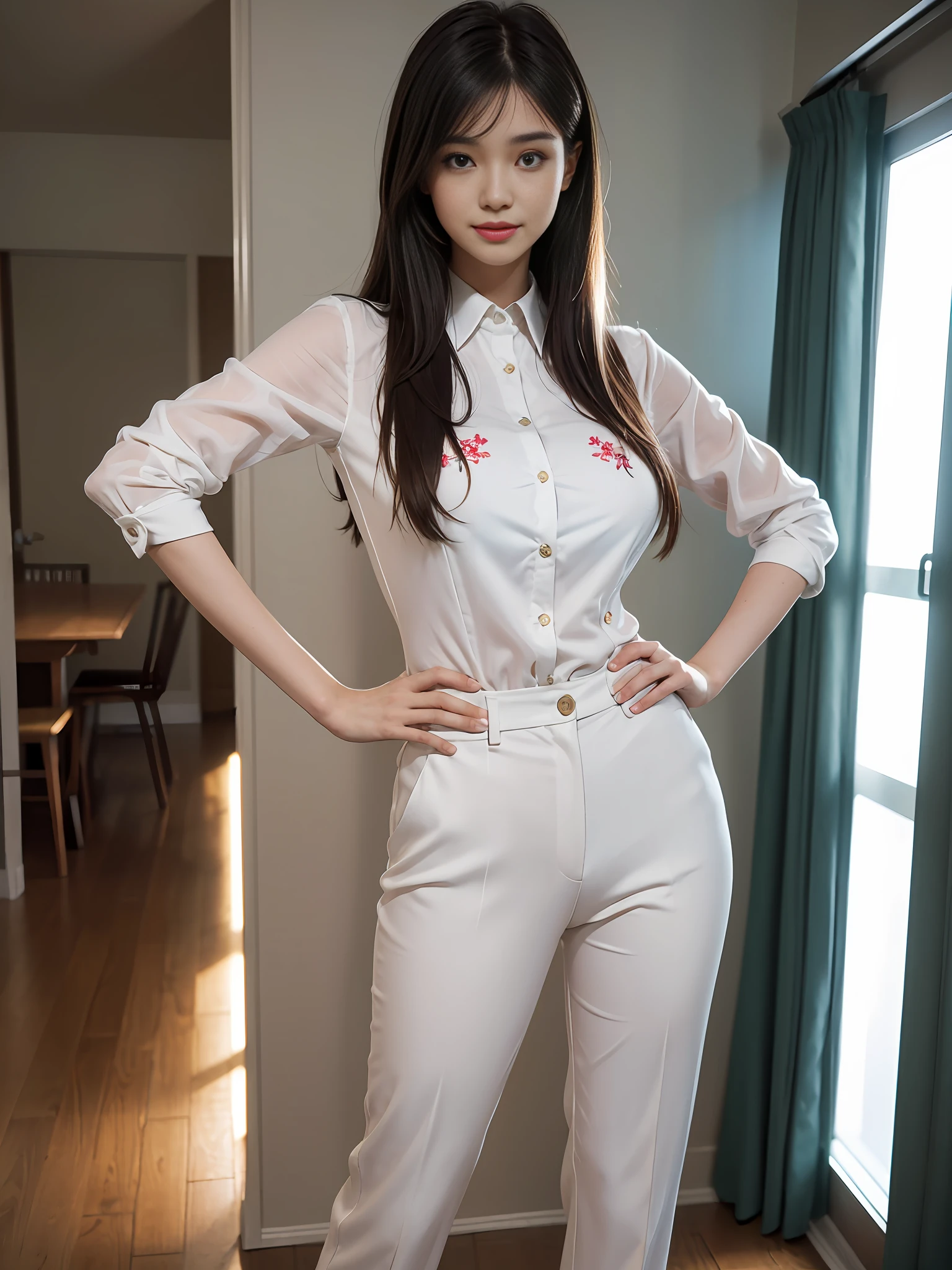 1girl, (best quality, masterpiece, super high resolution), (realistic:1.4), (realistic:1.4), (long legs: 1.3), (shut up), (light smile: 1.2), (expressive hair: 1.2), (long suit: 1.2), (collared shirt: 1.2), (trousers: 1.2), (embroidery: 1.2), (daytime: 1.3), (bright lights: 1.3), indoors, dynamic pose, lively and seductive, full boobs, buttocks, (hands on hips), (standing), (slender), (slender legs), (perfect body: 1.2), (side facing), shiny skin, blushing nose