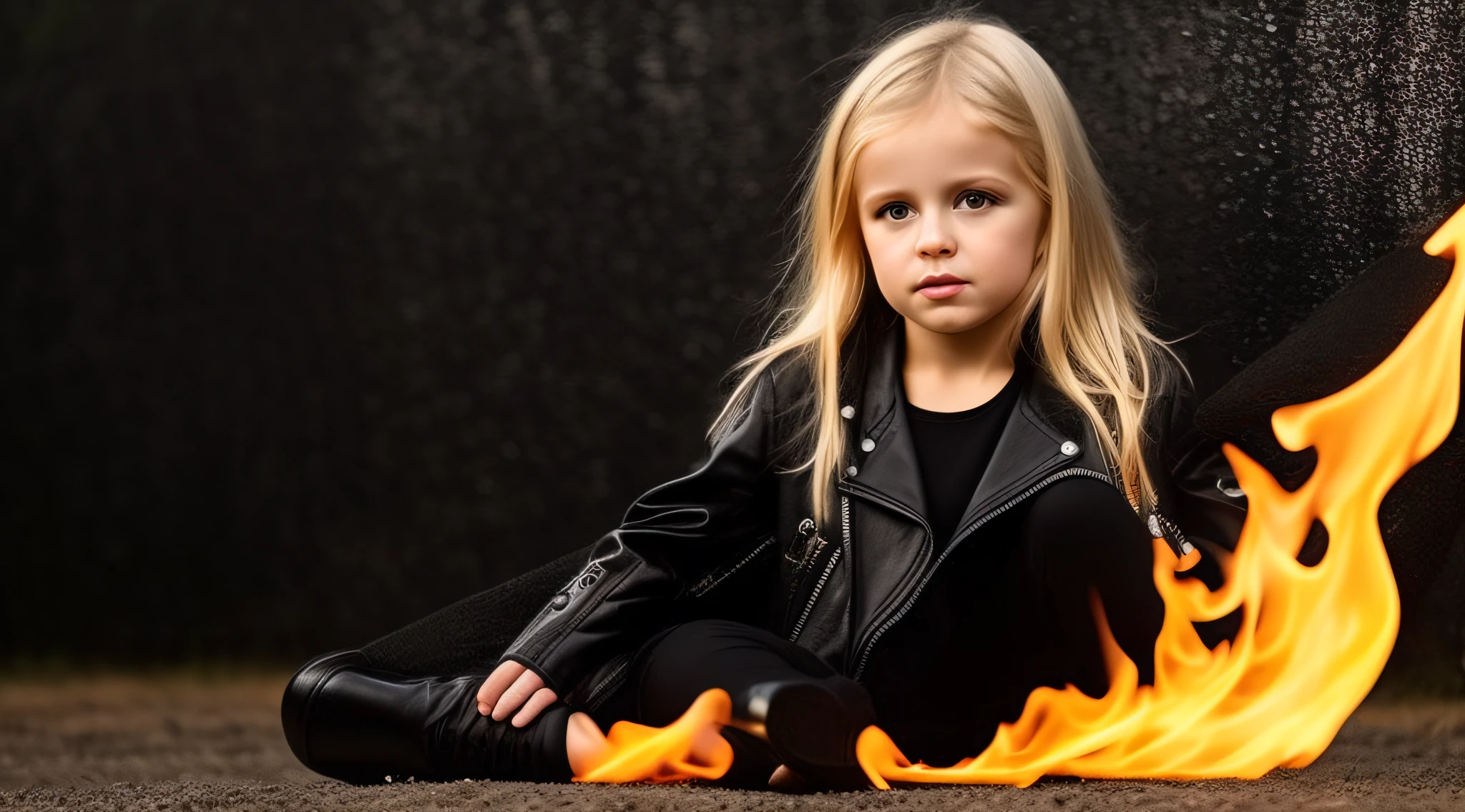 CHILD BLONDE GIRL, SUPER SHARPNESS, fire music photo, elemental, black leather jacket portrait and black clothing.