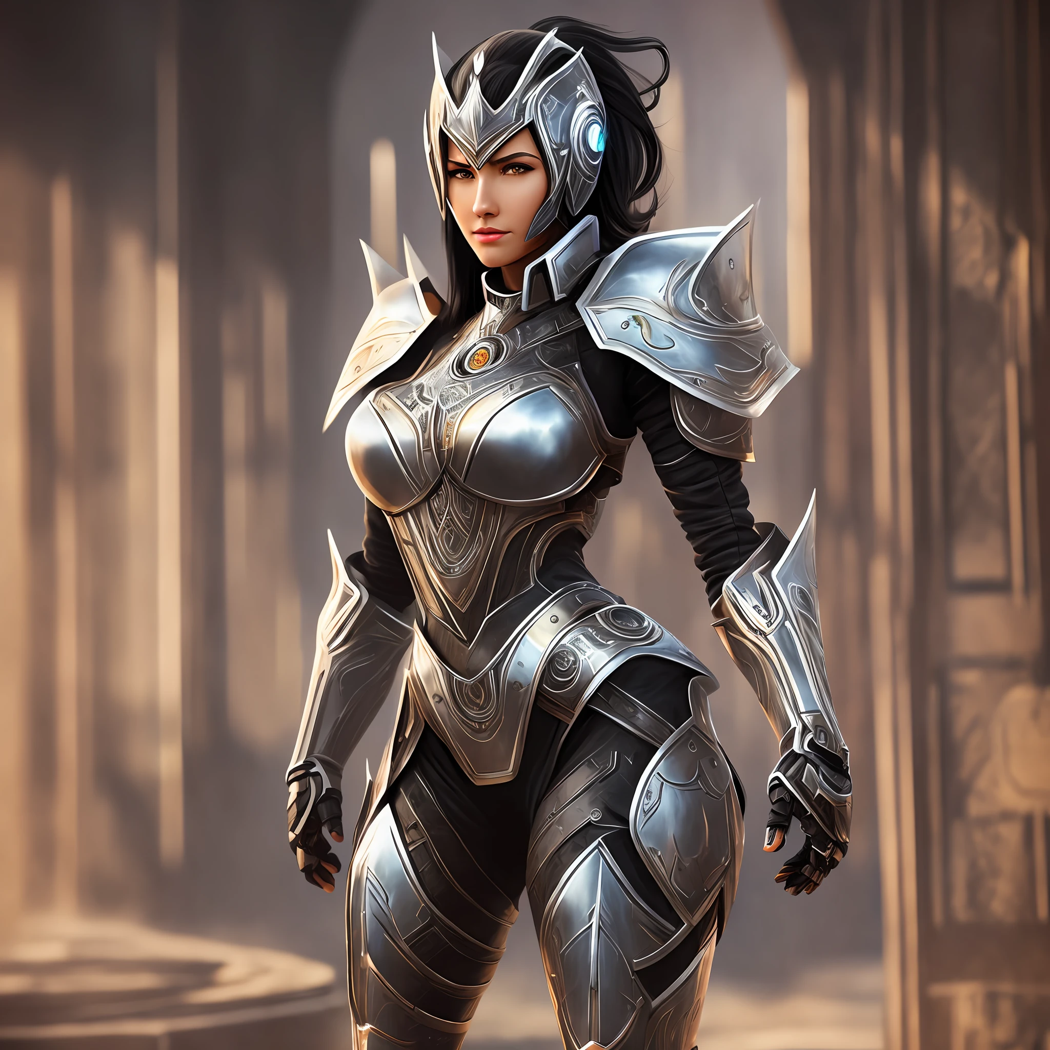 Beautiful tall woman with robotic armor with super realistic and well detailed black hair