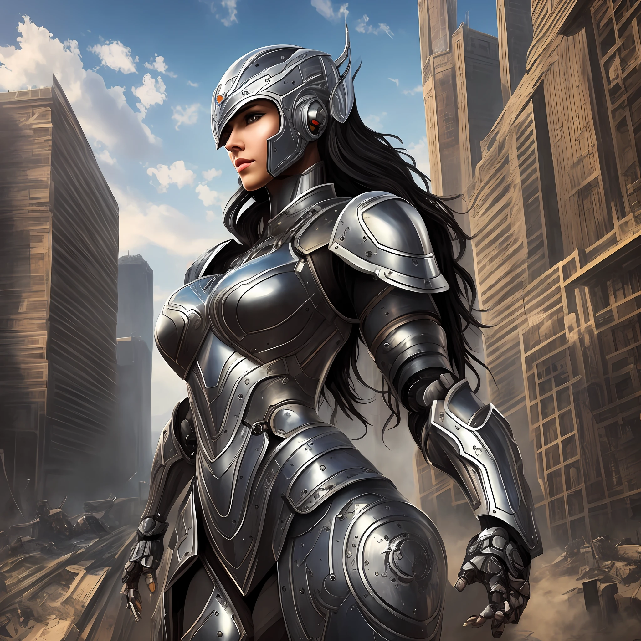 Beautiful tall woman with robotic armor with super realistic and well detailed black hair