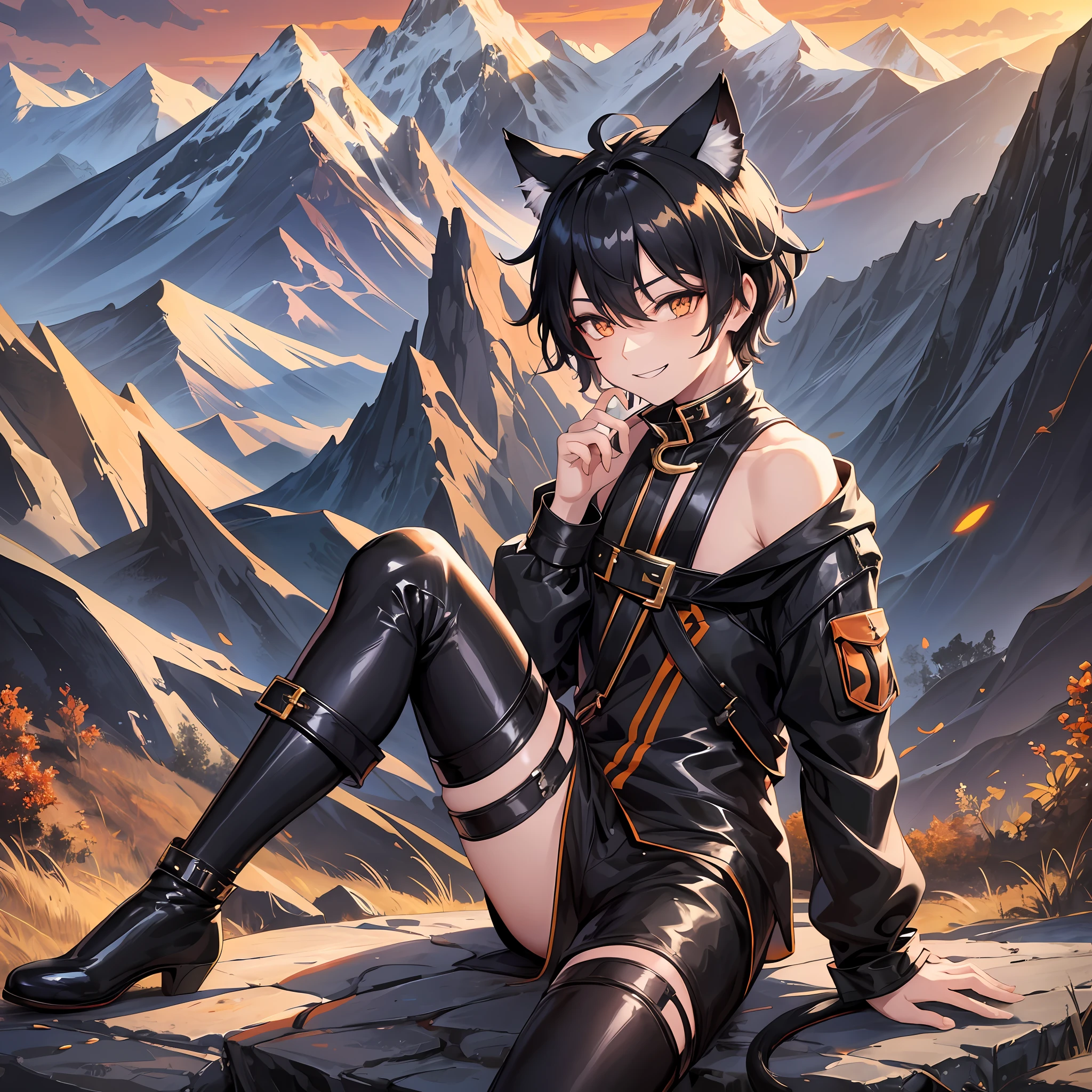 1boy, glossy black hair, amber eyes, large sharp cat ears, cat tail, staring at viewer while grinning, mountainous setting, sunrise, 4k Resolution