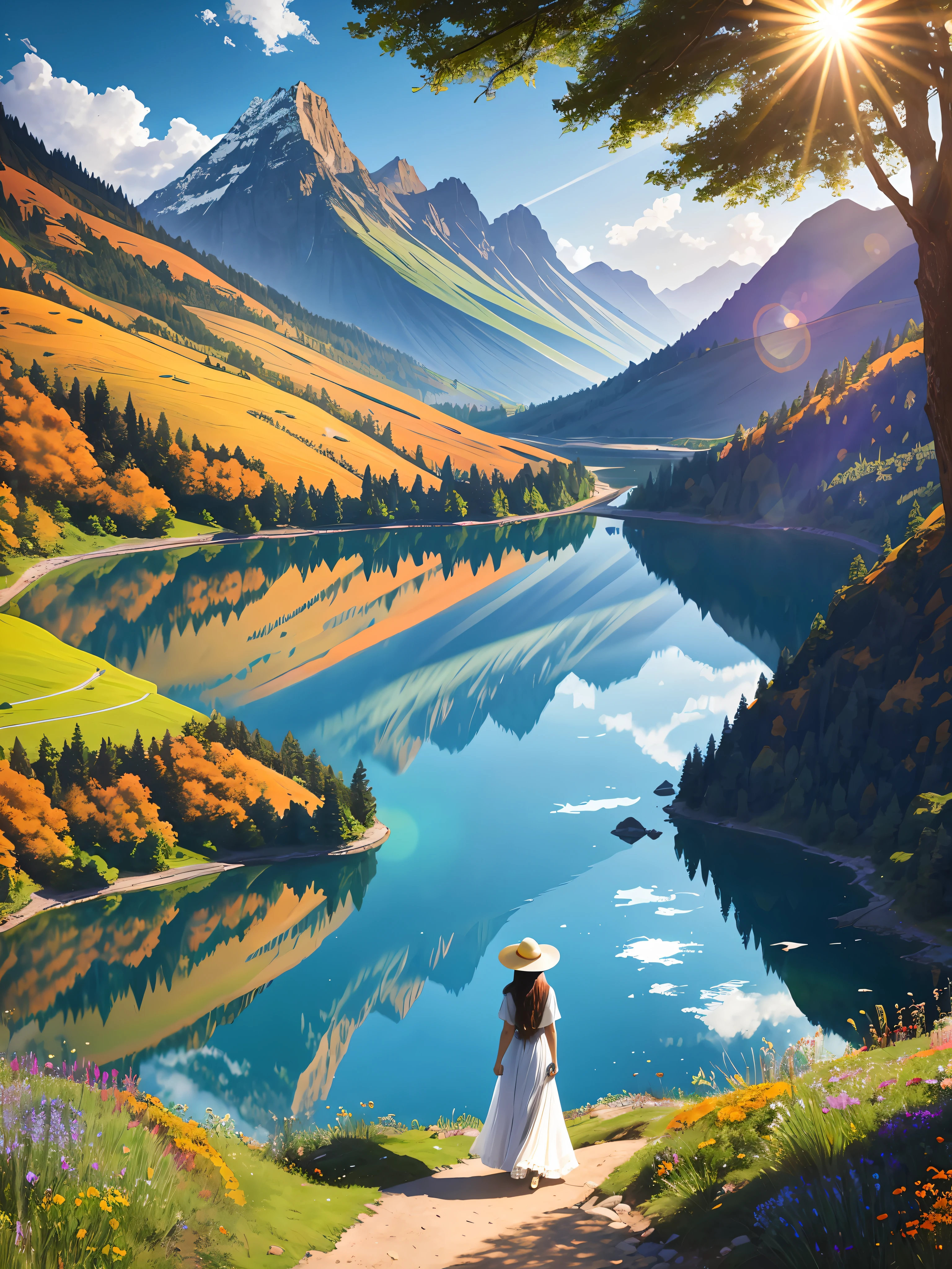 Very nice real photo, 4k, portrait Of a pretty woman of exceptional beauty, confidently walking down a dusty path that winds through a green mountain. Her long hair dances with the gentle mountain breeze and her sparkling eyes reflect the clear blue sky. Around it, dense green plants bloom, giving life to the picturesque landscape. At the edge of the dusty path, small flowers in vibrant shades of orange and yellow are scattered, illuminating the path with their bright colors. At the foot of the mountain, a clear lake stretches out, reflecting the golden rays of the sun, adding to the enchanting and breathtaking view. The image is characterized by fine details, bright colors and soft natural lighting. This high-resolution image is rendered in 4K quality with a resolution of 3000 megapixels, ensuring that every detail is captured with the utmost clarity and precision.
