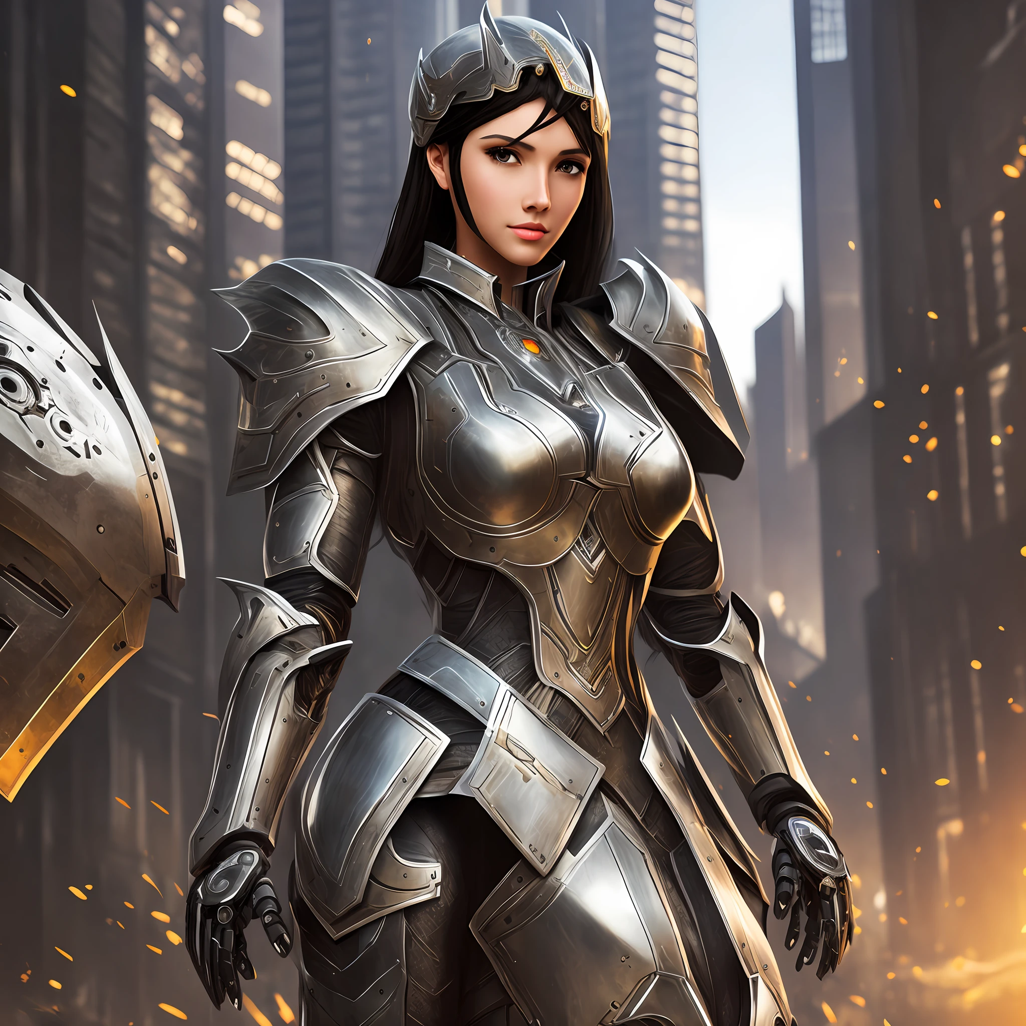 Beautiful tall woman with robotic armor with super realistic and well detailed black hair