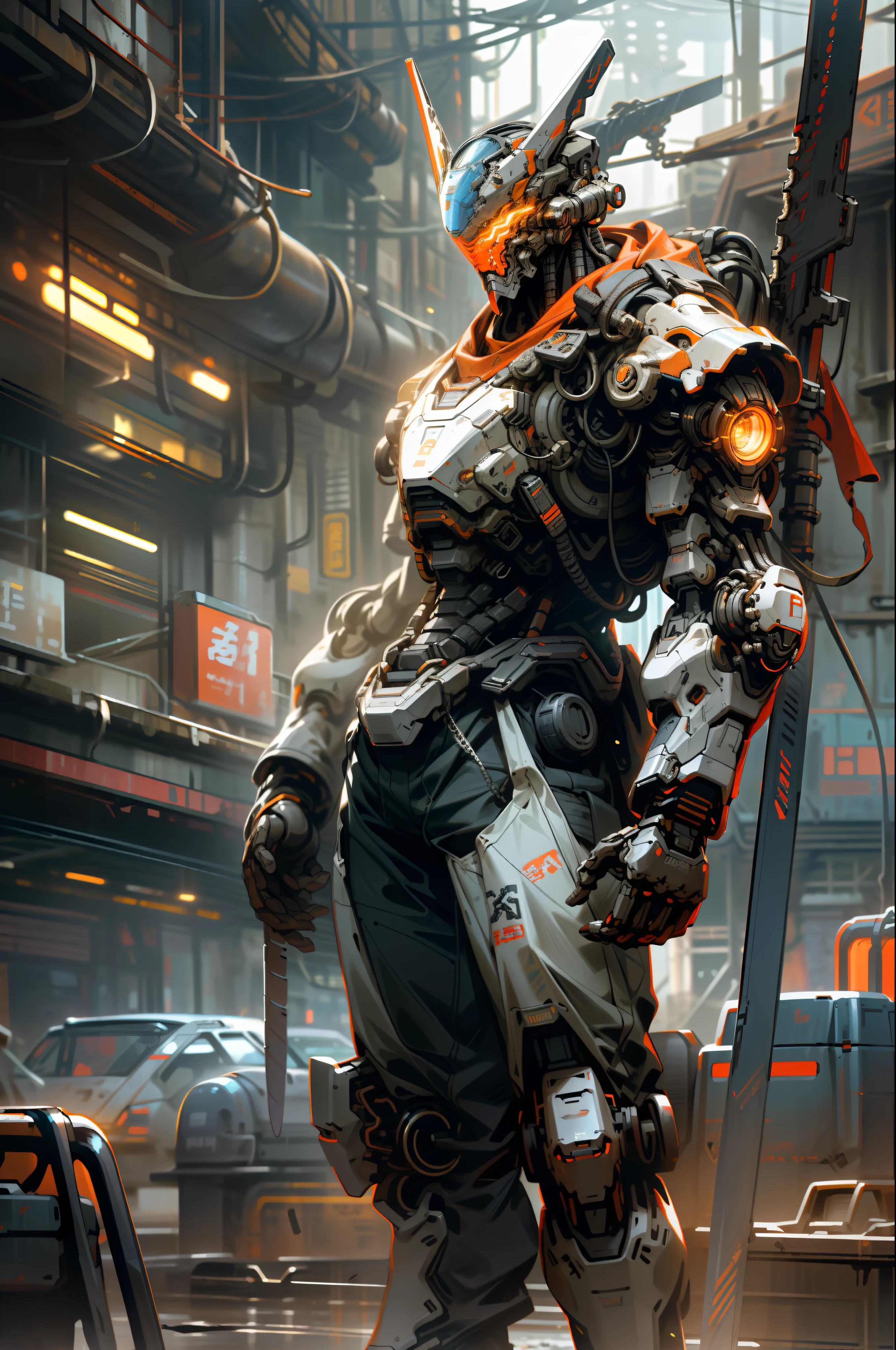 On the moon, barren planet, ruins, holding weapons, no humans, glowing, robot, building, glowing eyes, orange mech, science fiction, city, reality, mecha, galaxy background, full body, neon, cyber Punk, 8K wallpapers, ultra-detailed artwork, cinematic lighting, realistic photos, Dark_Fantasy, Cyberpunk, (chain saw, chain saw man, Red: 1.1), 1man, Mechanical marvel, Robotic presence, Cybernetic guardian, wearing a worn-out machine armor suit, intricate, (steel metal [rust]), elegant, sharp focus, photographed by greg rutkowski, soft lighting, vibrant colors, masterpiece, ((street)), cowboy shot, dynamic pose,