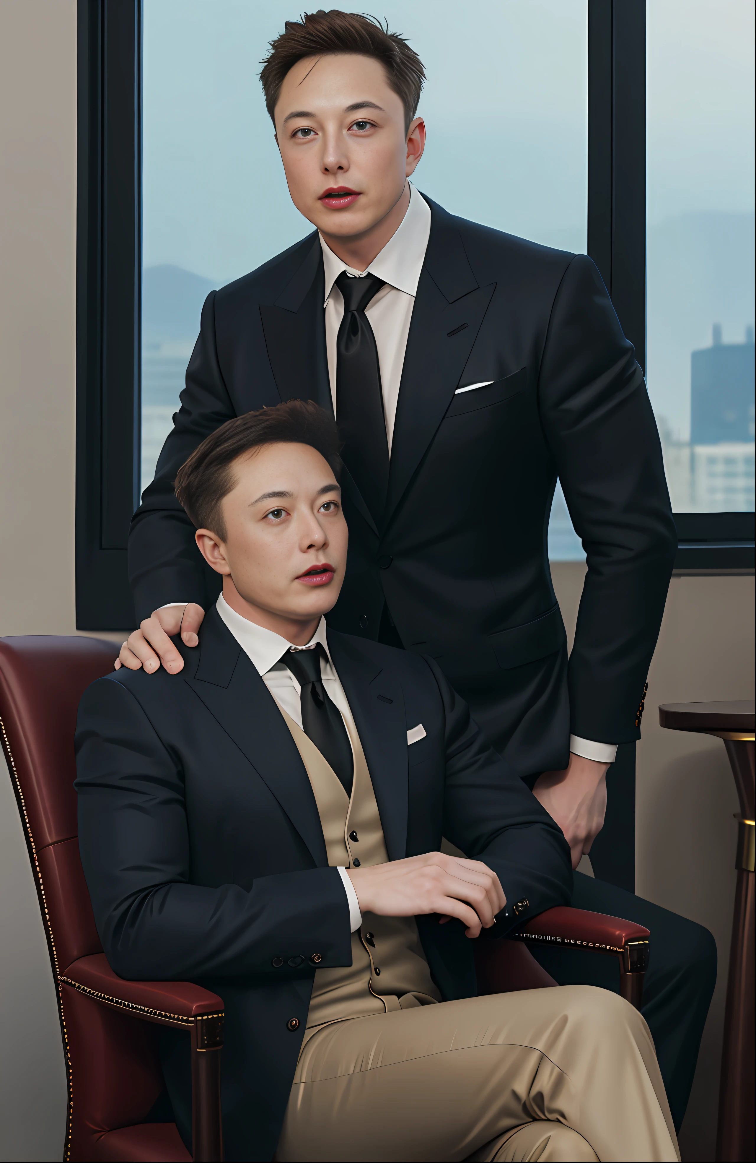 Elon Musk and Jeff Bezos posing together in one photo,and sitting wearing stylized suits, one has dark hair and one is standing, one is sitting on chair and one is standing behind him, grand window, dramatic realistic lighting, very realistic, realistic skin, realistic skin texture, realistic hair texture, realistic, detailed face, detailed eyes, detailed mouth,
Coserene, majestic, professional photography, sony alpha 7 series iv, UHD, 9999K , lens 24mm, iso 300 , f1.0, aperture 1/100, ultra detailed, hyper realistic model:Sreal