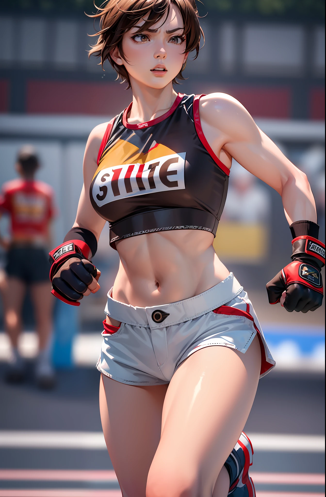 (masterpiece, best quality: 1.2), cowboy shot, solo, 1girl (kazama-asuka, muscular female, short brown hair, white skin, brown eyes), angry, running in sports crop top, shorts, (gloves: 1.1), on a Speedway