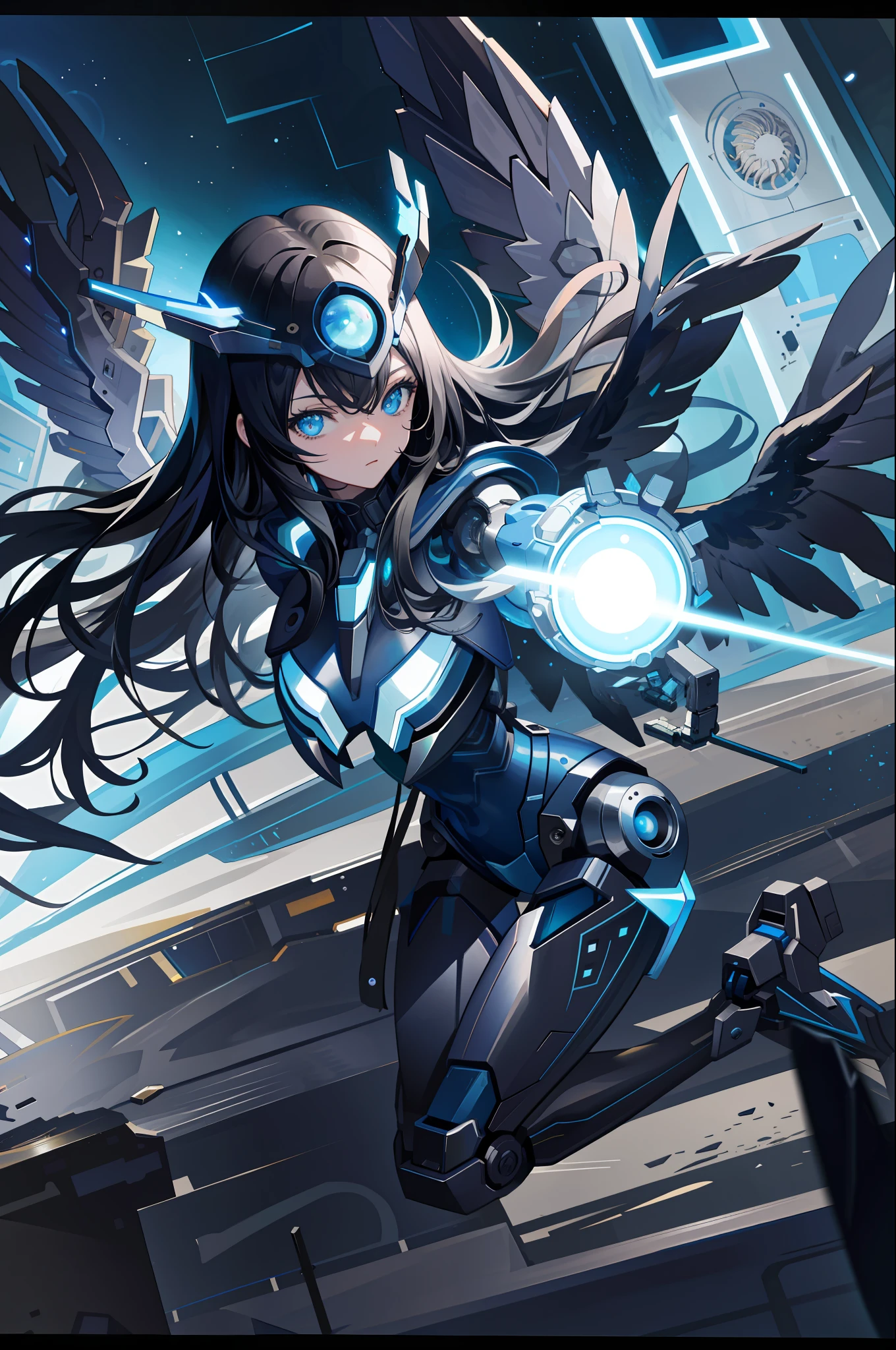 masterpiece,best quality,ultra-detailed,very detailed illustrations,extremely detailed,intricate details,highres,super complex details,extremely detailed 8k cg wallpaper, caustics,reflection,ray tracing, 1girl:1.4), solo, alone, (blue_theme:1.3), (grey_theme:1.3), (mecha musume, mechanical parts ,robot joints, mechanical arm, mechanical legs, headgear, intricate mechanical bodysuit, mechanical energy wings), (), very long hair, black hair, blue eyes, glowing eye, eye trail, random expressions, random action, tokyo, city, alley, dark alley, night time, raining, neon lights, detailed background, ((masterpiece)), absurdres, HDR, (Classic headshot pose), extremely detailed 8K wallpaper,cyberpunk city,masterpiece,highres,detailed manga illustration,