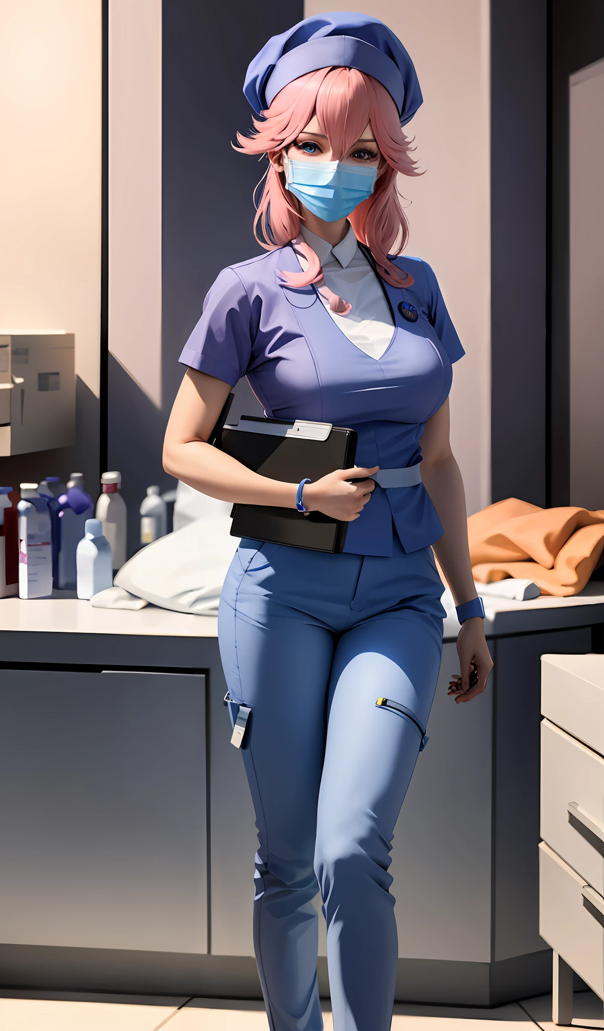 4k, carismatic, very detailed, there is a girl in hospital, she is a surgeon, surgeon blue clothes, long blue surgeon pants, pink hair, purple eyes, surgeon hat, full body, surgeon mask, surgeon gloves,