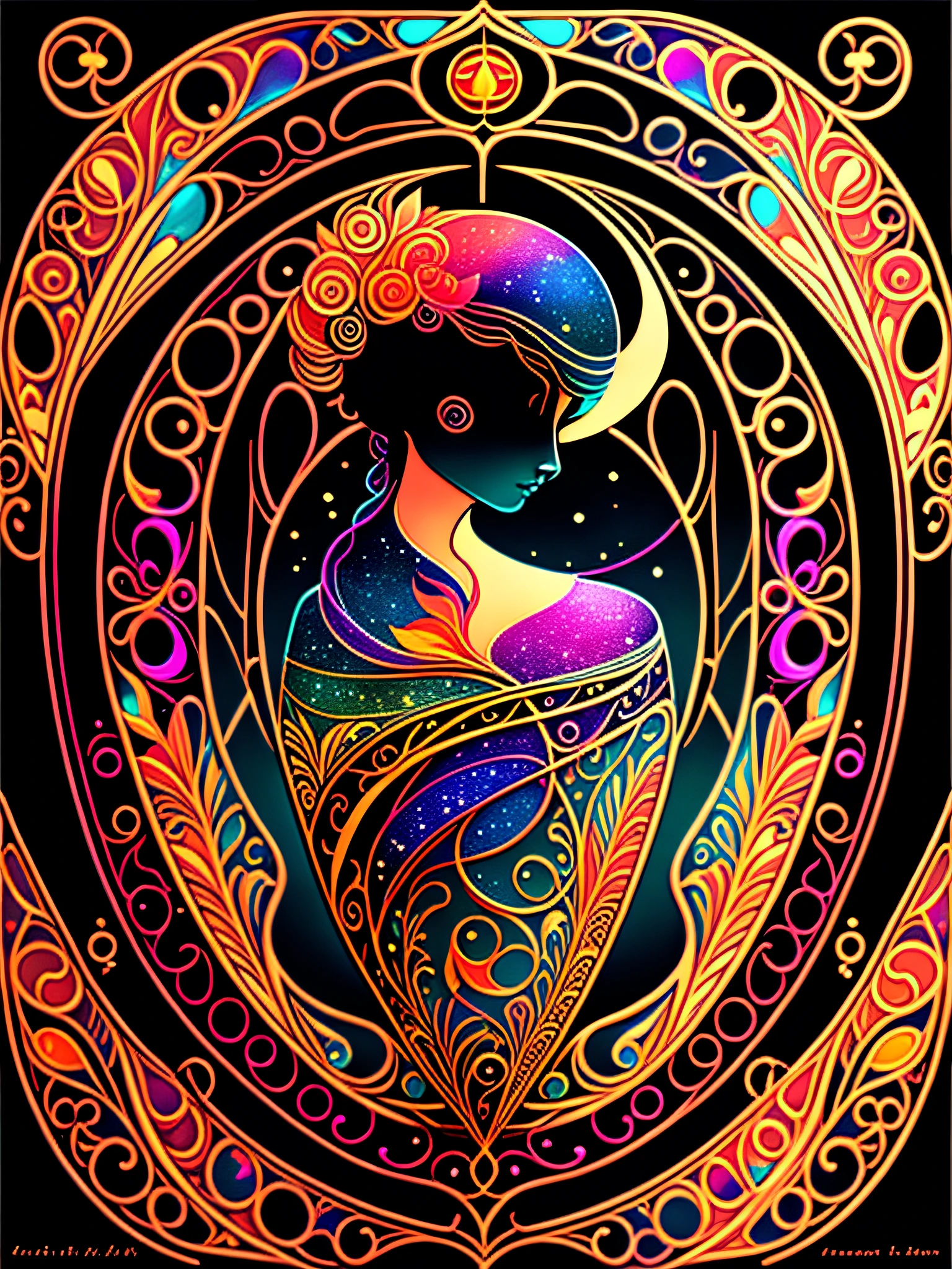 Art Nouveau design, with colored colors, on a black background, breathtaking rendering, in a sparkling connection, inspired by Kinuko Y. craft, magical elements, beautiful, multi-colorful spell casting, bright flash, flash