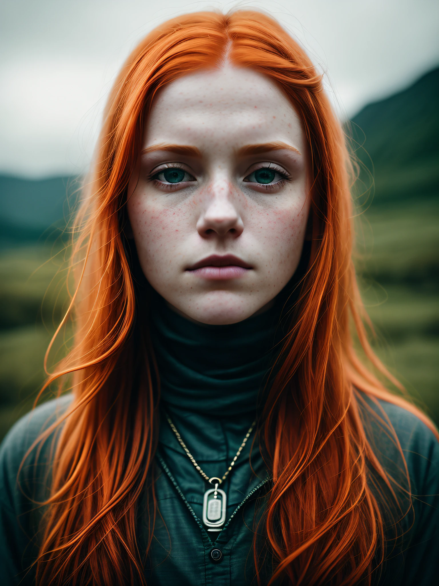 a portrait of a ginger, slate atmosphere, cinematic, dimmed colors, dark shot, muted colors, film grainy, lut, insane details, intricate details, hyperdetailed, closeup, twilight