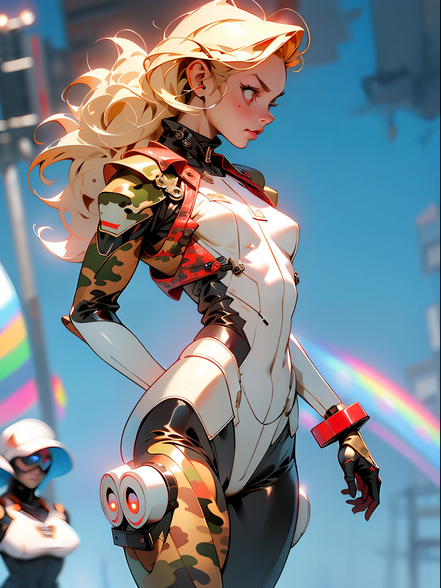 (((Red military camouflage pattern)))), ((Best quality)), ((masterpiece)), (detailed: 1.4), (Absurd), paper, colorful line art, perfect face, girl, replace black with silver, black technological mask with paint drained from a white skull, graffitti , shiny tanned skin, sweaty, muscular sculptural body defined, (((whole body))), half-thick naked thighs, closed mouth, muscular body mechanical overalls of camouflaged red fabric and silver open to the navel,  generous neckline, ((perfect small breasts)), ((fully camouflaged khaki clothing)), (((ivory hair with moth))), long eyelashes and black heavy makeup, (((niji style --V5)))), close to real, psychopathic, crazy face, sexy pose, technological background giant robot repair station, jaggers, 2 pieces clothing, centralized, scale to fit dimensions, HDR (High Dynamic Range),Ray Tracing,NVIDIA RTX, Super-Resolution,Unreal 5,Subsurface Dispersion, PBR Texture, Post-processing, Anisotropic Filtering, Depth of Field, Maximum Clarity and Sharpness, Multilayer Textures, Albedo and Specular Maps, Surface Shading, Accurate Simulation of Light-Material Interaction, Perfect Proportions, Octane Render, Two-Tone Lighting, Wide Aperture, Low ISO, White Balance, Rule of Thirds, 8K RAW, Crysisnanosuit