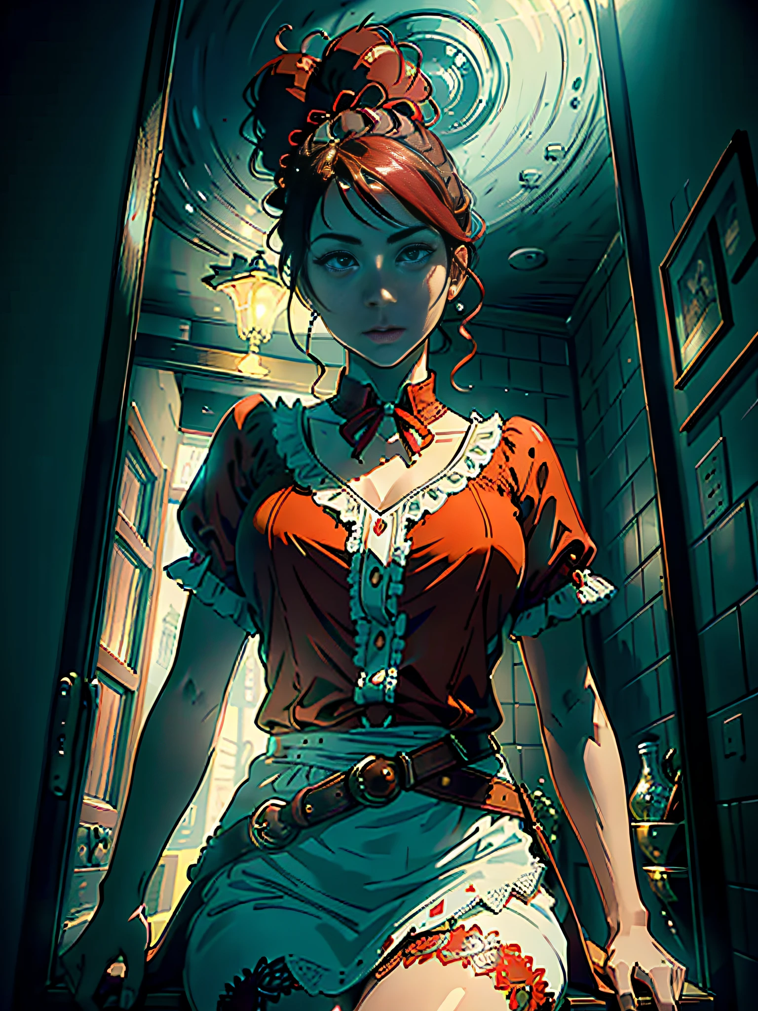 (in red dead redemption style) ((view from below)) (((photograph))) (((realism))) (((reality))) ((masterpiece)) ((ultra detailed)) (((1girl))) In her private chamber, a ((solitary)) Norwegian enchantress gazes out a window. She was bright green eyes and a fiery red afro. Her floral skirt paired with a lace-adorned blouse that accentuates her allure. A delicate bun and elegant sandals, she exudes elegance. She wears golden accessories. She straddles the camera, which is placed at a low angle. (high contrast) (view from below) (extreme low angle)