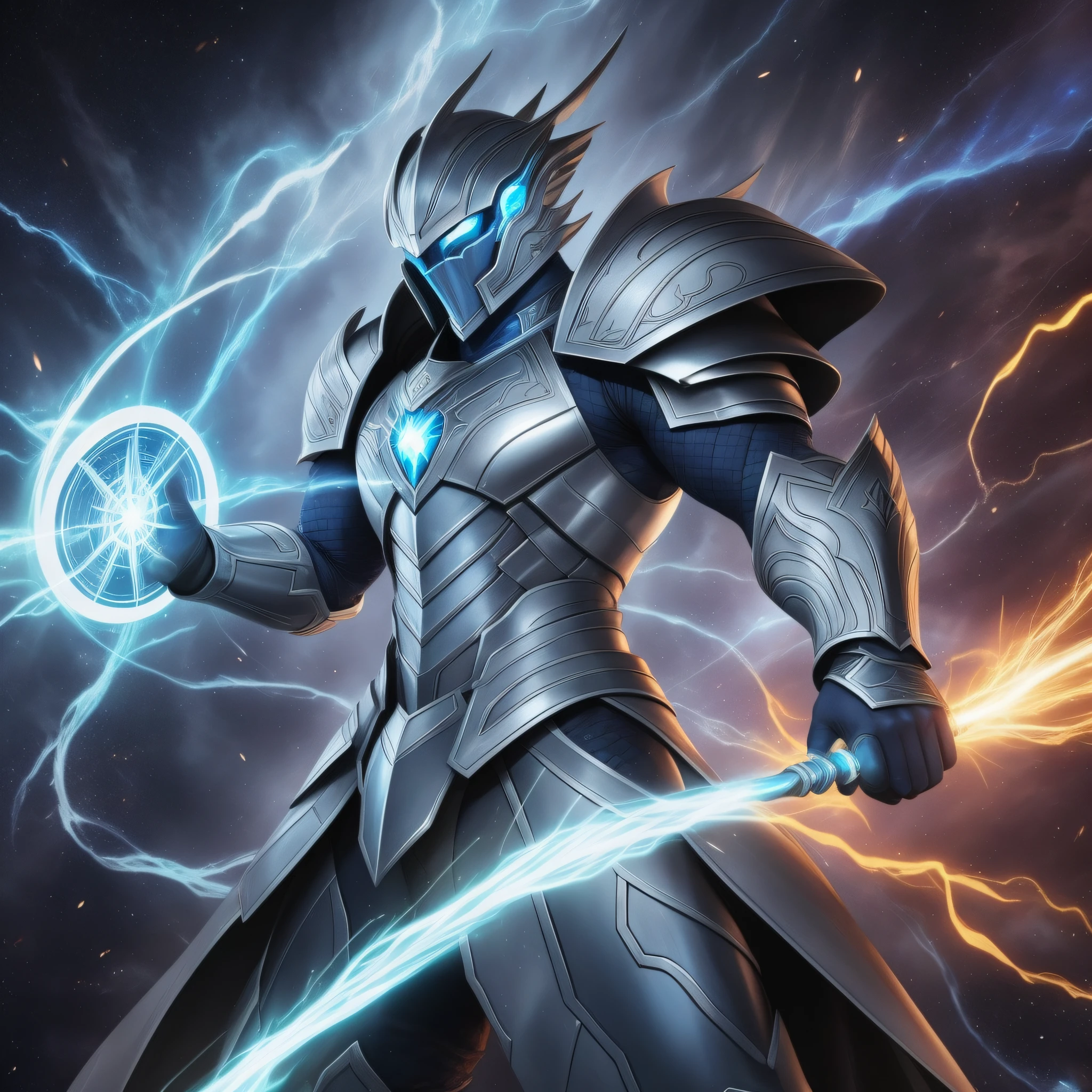 Long ago, in a universe beyond the boundaries of our own, a warrior arose destined to balance the cosmic forces. His name is Aelar, the Electric Guardian. Aelar is an imposing warrior whose presence inspires respect and admiration. Its gleaming armor, forged from an alloy of unknown metals, glows with an electric luminescence. Details in shades of blue and silver run through the armor, forming patterns reminiscent of sparks and currents of energy.