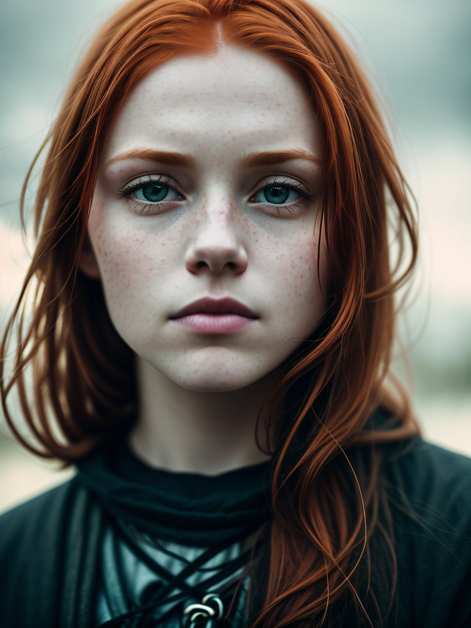 a portrait of a ginger, slate atmosphere, cinematic, dimmed colors, dark shot, muted colors, film grainy, lut, insane details, intricate details, hyperdetailed, closeup, twilight