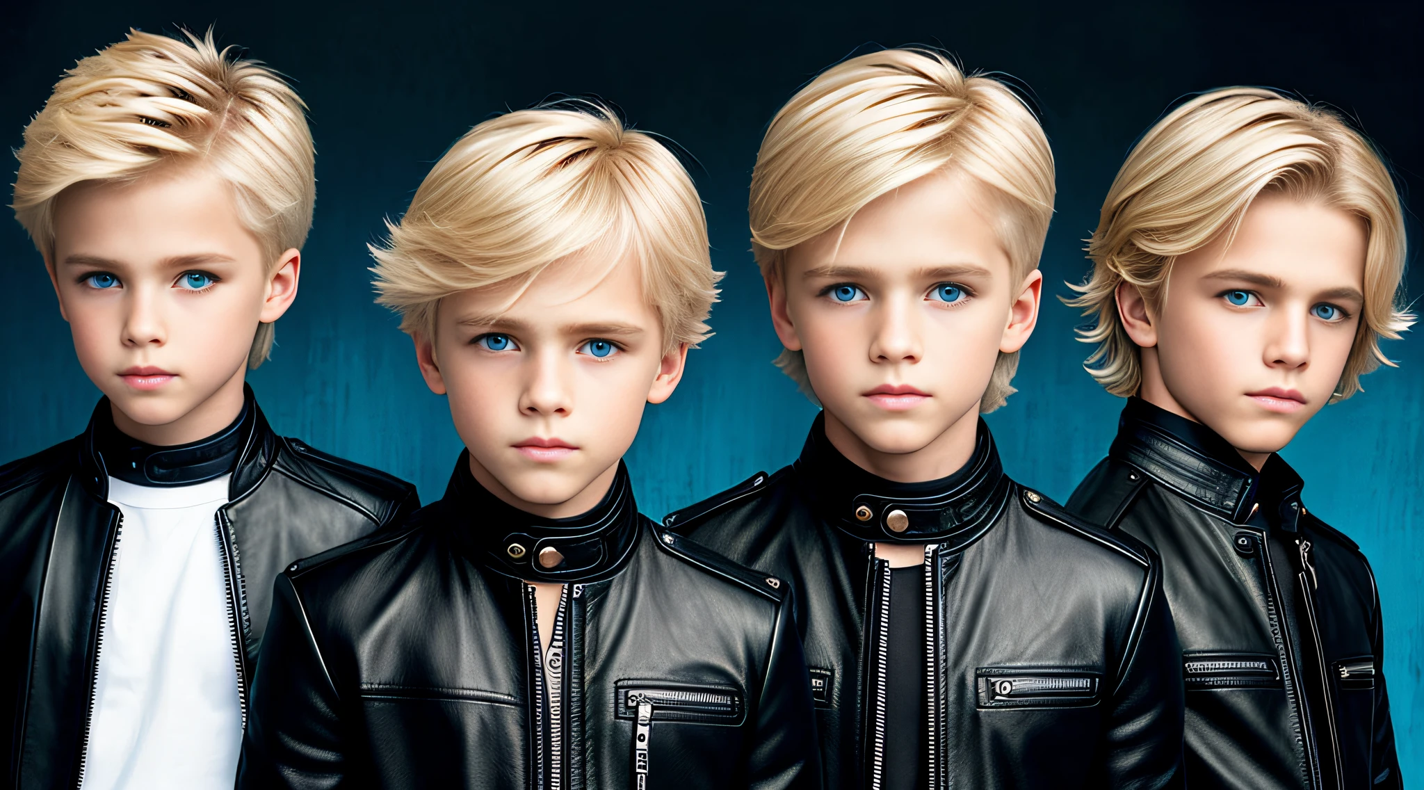 blonde haired boy with blue eyes and blonde hair in a black leather jacket, straight hair, next gen, childish, boy's hair, three futuristic princes, by Mirabello Cavalori, by derek zabrocki, beautiful symmetrical faces, children, by Bernardino Mei, children, by Zahari Zograf, beautiful boys, digital art. Realistic photo, Gemini, Music photo Fire, Elemental, Portrait