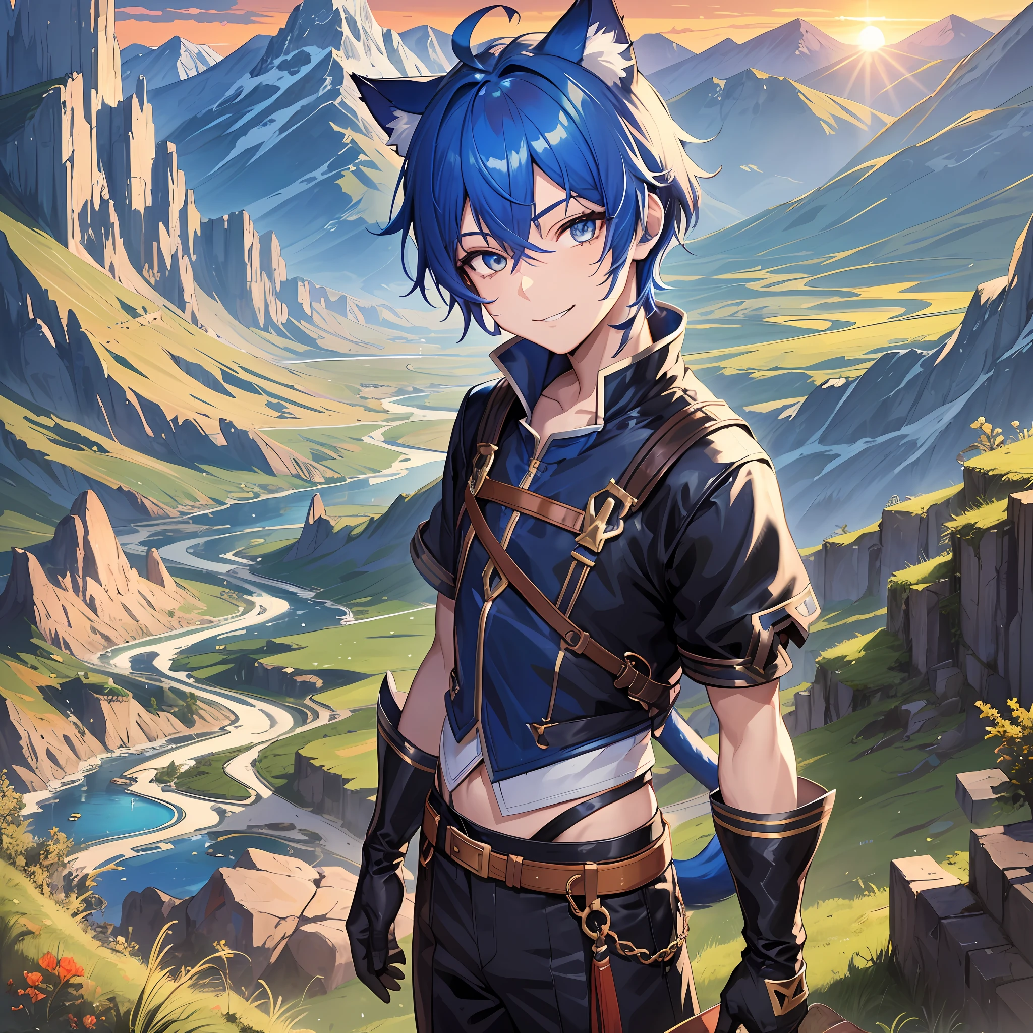 1boy, glossy blue hair, amber eyes, large sharp cat ears, cat tail, staring at viewer while grinning, mountainous setting, sunrise, 4k Resolution
