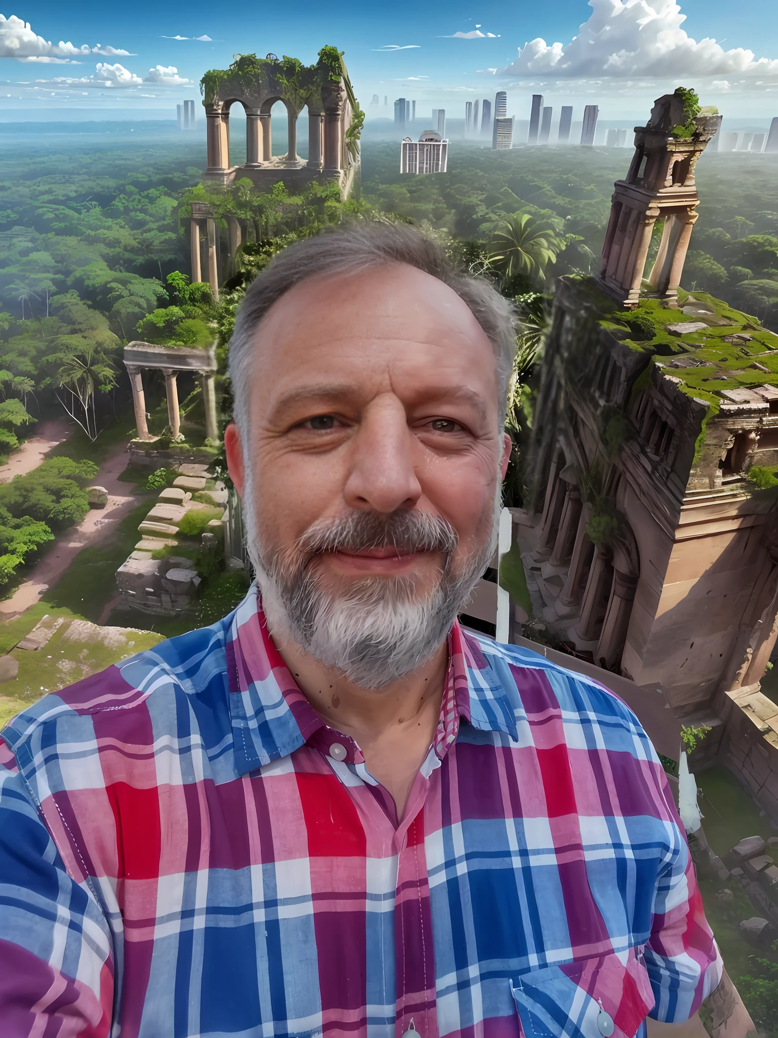 Ancient ruins in the background with Amazon forest