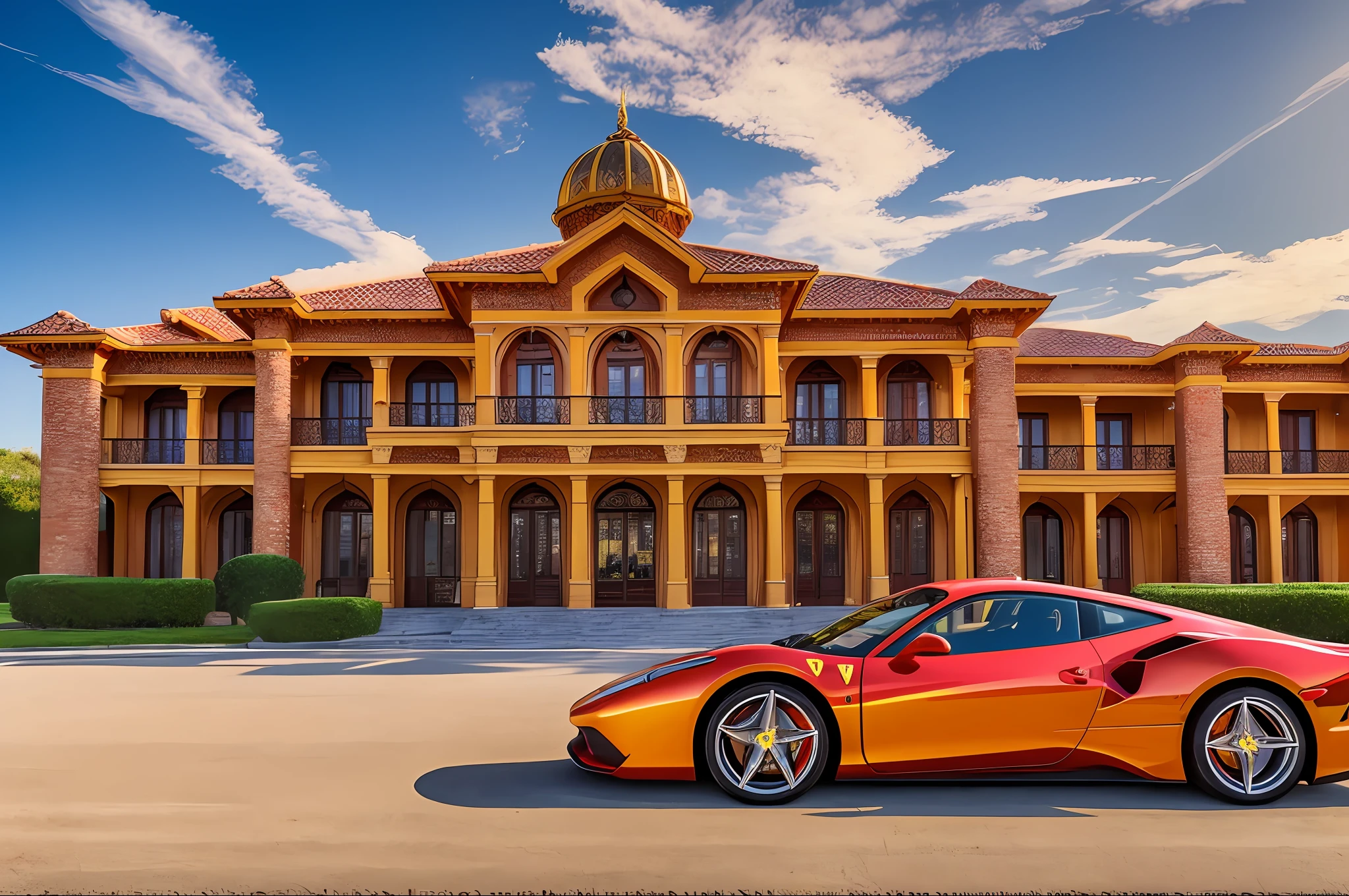 Golden mansion with a red ferrari in front, blue sky, promotional photo, intricate details, HDR, cinematic, adobe lightroom, highly detailed, epic photography, hyper realistic, real photo, clear photo, vibrant colors --auto --s2