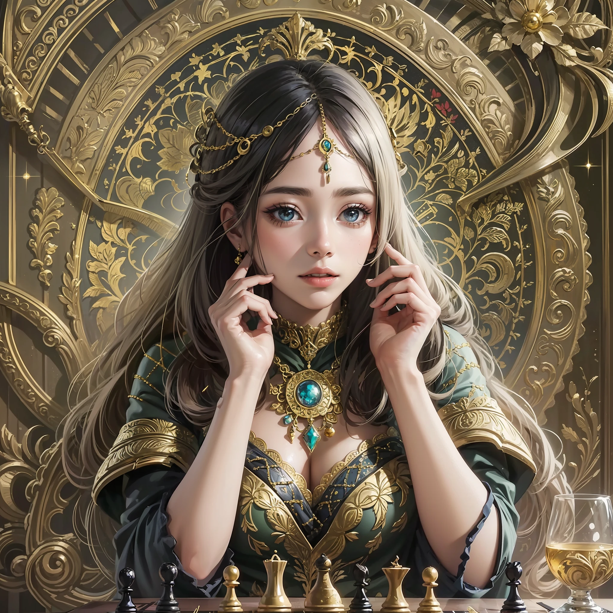 PerfectNwsjMajic, (playing chess), (masterpiece, top quality, best quality, official art, beautiful and aesthetic: 1.2), (1girl), extremely detailed, colorful, highest detailed, official art, 8k wallpaper unit, ultra detailed, beautiful and aesthetic, beautiful, masterpiece, best quality, (zentangle, mandala, tangled, tangled), holy light, gold leaf, gold leaf art, glitter design, --auto --s2