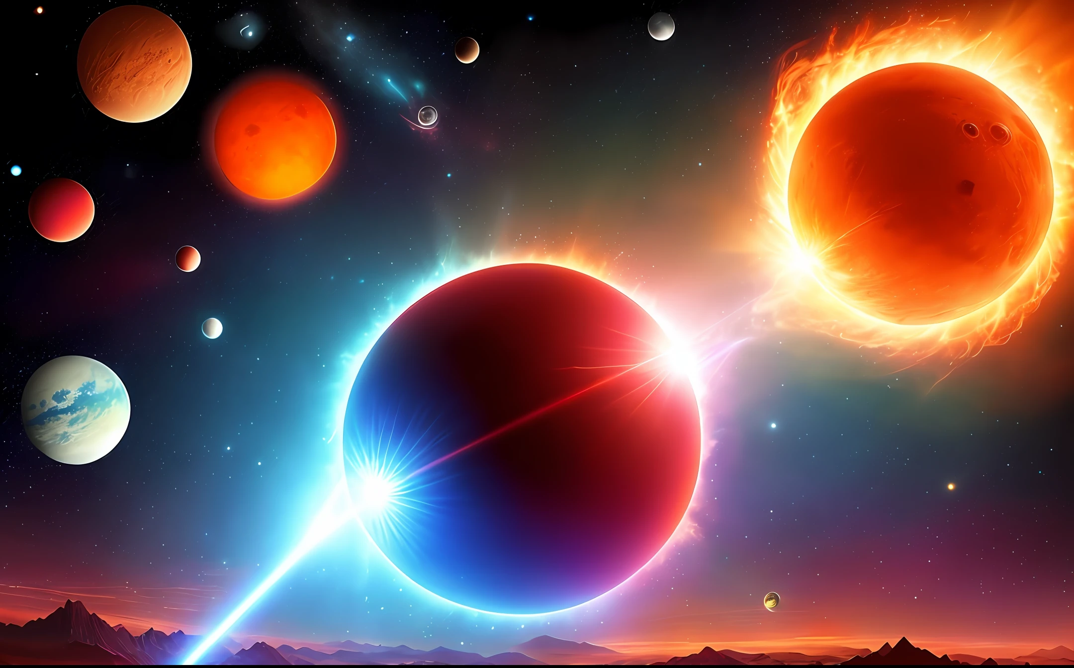 Above the source of the universe, there is a fiery red planet floating, passing through a blue laser light from bottom to top, there are colorful interstellar orbits around the planet, and various asteroids appear constantly, and the fusion of fantasy and science fiction is amazing
