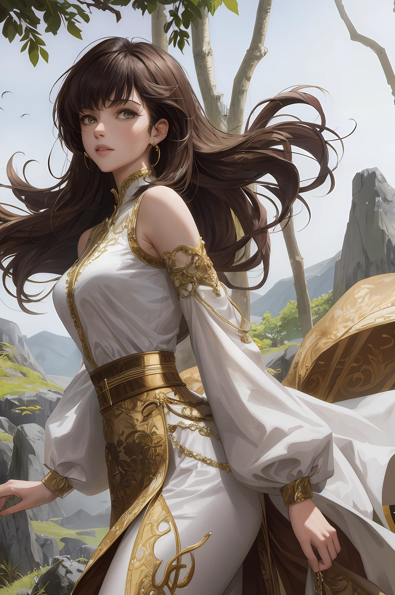 8k, best quality, masterpiece, highly detailed, semi realistic, a girl, a girl, 20 years old, looking at hands, long dark brown hair with bangs, curly hair, green eyes, black Japanese style cut clothes, white pants, bare shoulders, golden details, thin figure, cold expression, battle scenes, outdoors, forest background, with many trees and dark sky