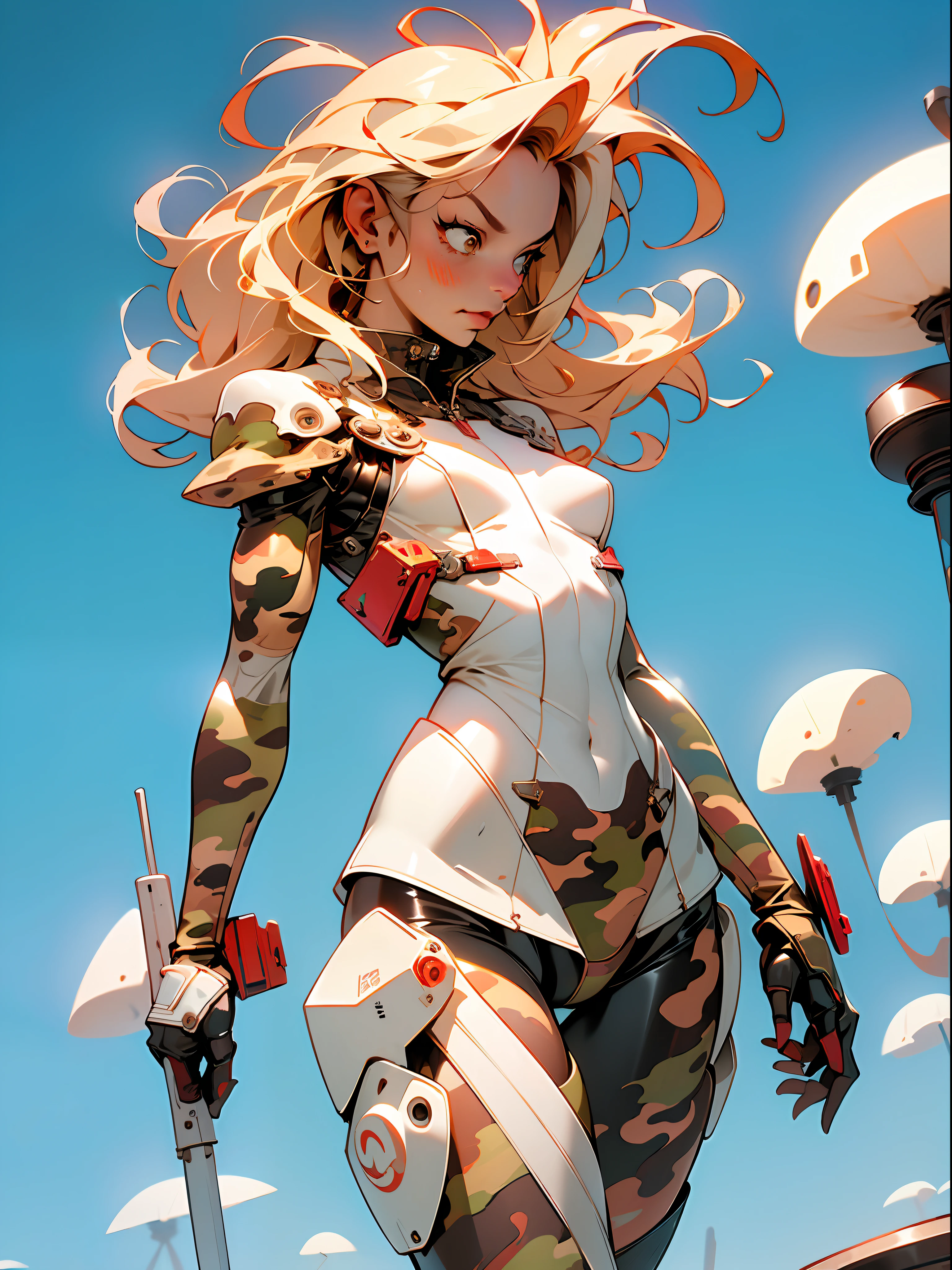 (((Red military camouflage pattern)))), ((Best quality)), ((masterpiece)), (detailed: 1.4), (Absurd), paper, colorful line art, perfect face, girl, replace black with silver, black technological mask with paint drained from a white skull, graffitti , shiny tanned skin, sweaty, muscular sculptural body defined, (((whole body))), half-thick naked thighs, closed mouth, muscular body mechanical overalls of camouflaged red fabric and silver open to the navel,  generous neckline, ((perfect small breasts)), ((fully camouflaged khaki clothing)), (((ivory hair with moth))), long eyelashes and black heavy makeup, (((niji style --V5)))), close to real, psychopathic, crazy face, sexy pose, technological background giant robot repair station, jaggers, 2 pieces clothing, centralized, scale to fit dimensions, HDR (High Dynamic Range),Ray Tracing,NVIDIA RTX, Super-Resolution,Unreal 5,Subsurface Dispersion, PBR Texture, Post-processing, Anisotropic Filtering, Depth of Field, Maximum Clarity and Sharpness, Multilayer Textures, Albedo and Specular Maps, Surface Shading, Accurate Simulation of Light-Material Interaction, Perfect Proportions, Octane Render, Two-Tone Lighting, Wide Aperture, Low ISO, White Balance, Rule of Thirds, 8K RAW, Crysisnanosuit