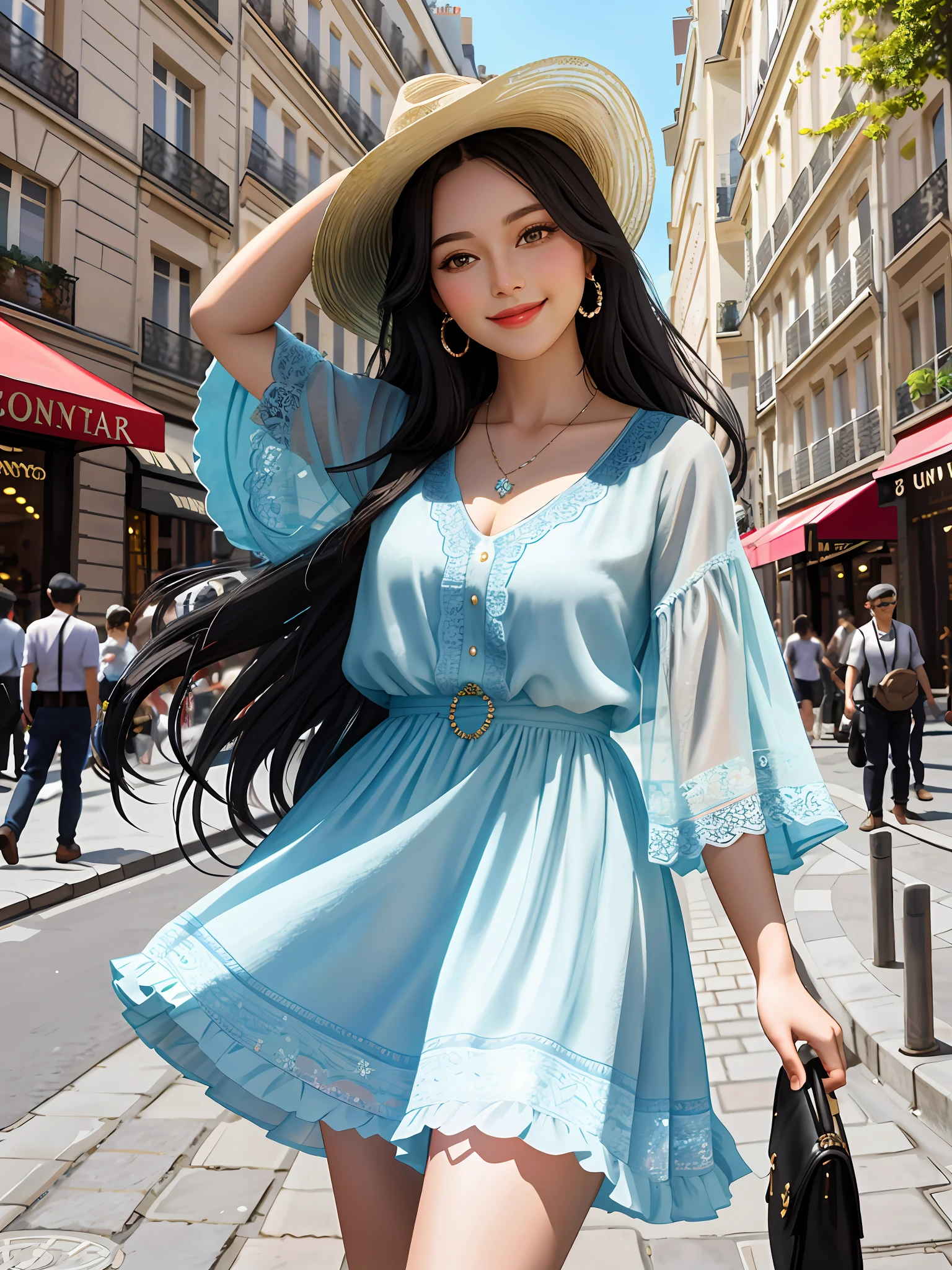 "Masterpiece, superior quality, ultra-detailed, 8k drawing under CG unity, a woman looking directly at the observer, summer subject, a charmed and happy look, in the city center of paris, smiling, with long black hair and cowboy style."