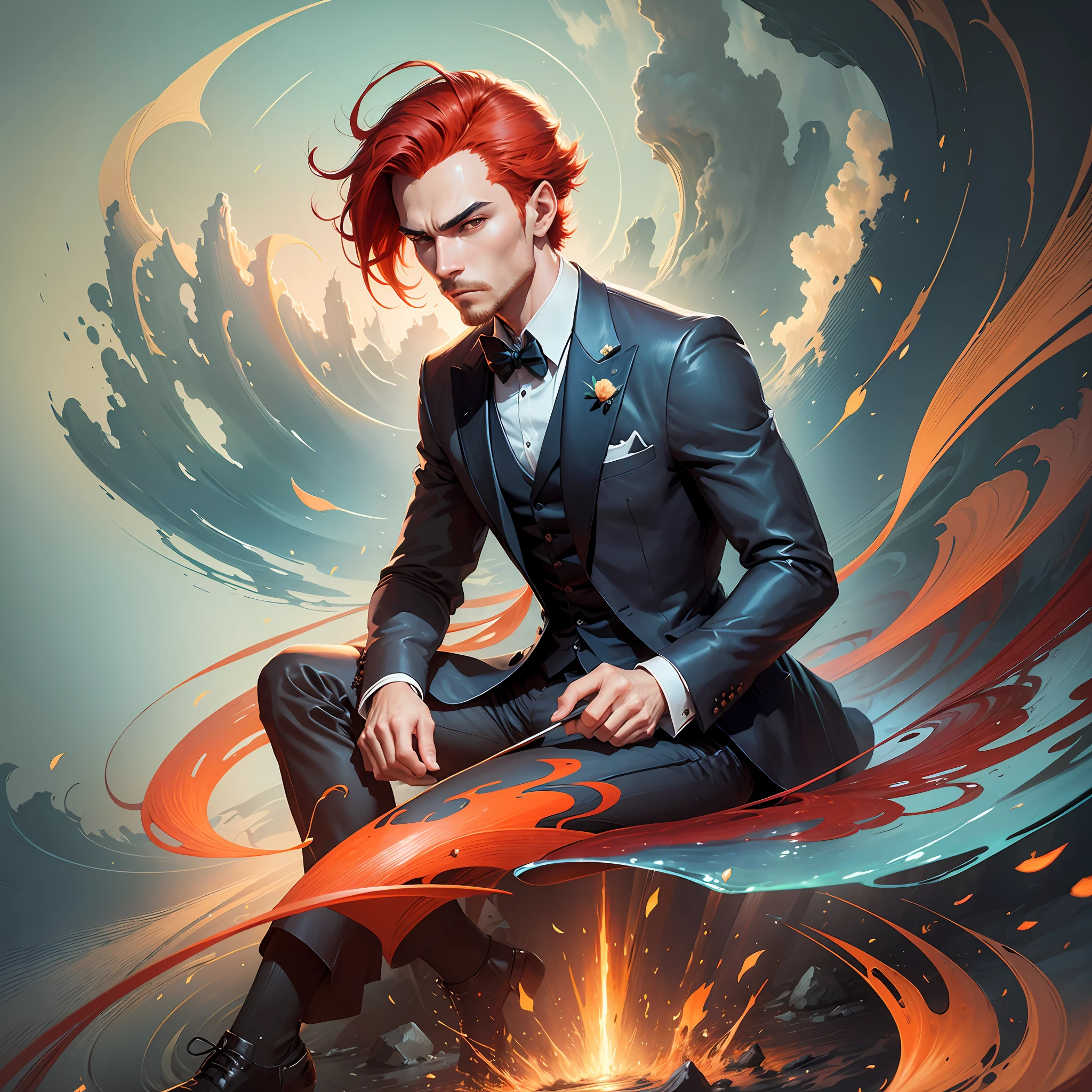ultra-high definition 2D art, closeup (1 Brazilian man), red hair, 2D animation style, serene representation, formal clothing (full body art), landscape mode, masterpieces by Guweiz and James Jean --auto --s2