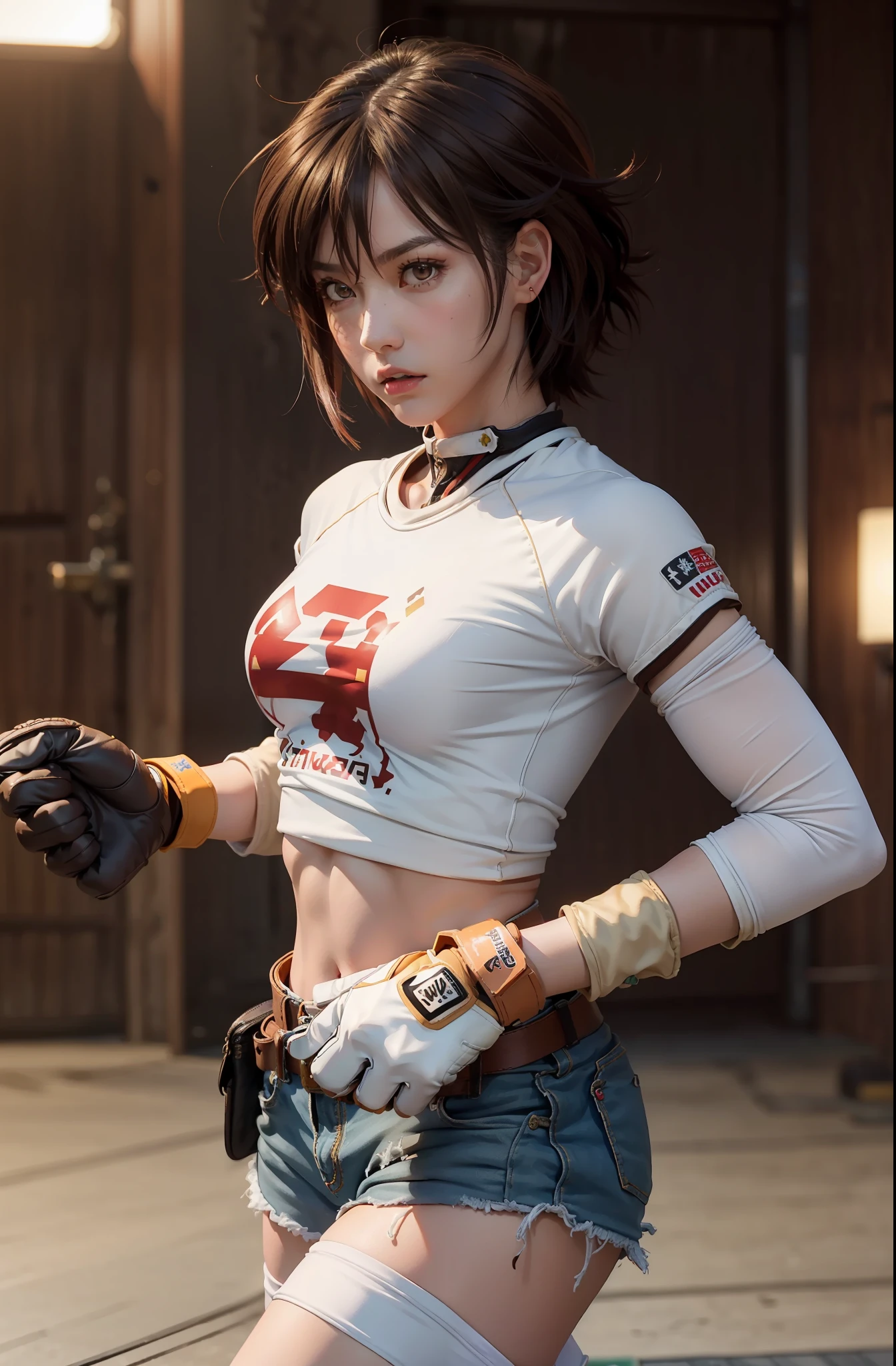 (masterpiece, best quality: 1.2), cowboy shot, solo, 1girl (kazama-asuka, muscular female, short brown hair, white skin, brown eyes), angry, running in sports crop top, shorts, (gloves: 1.1), on a Speedway
