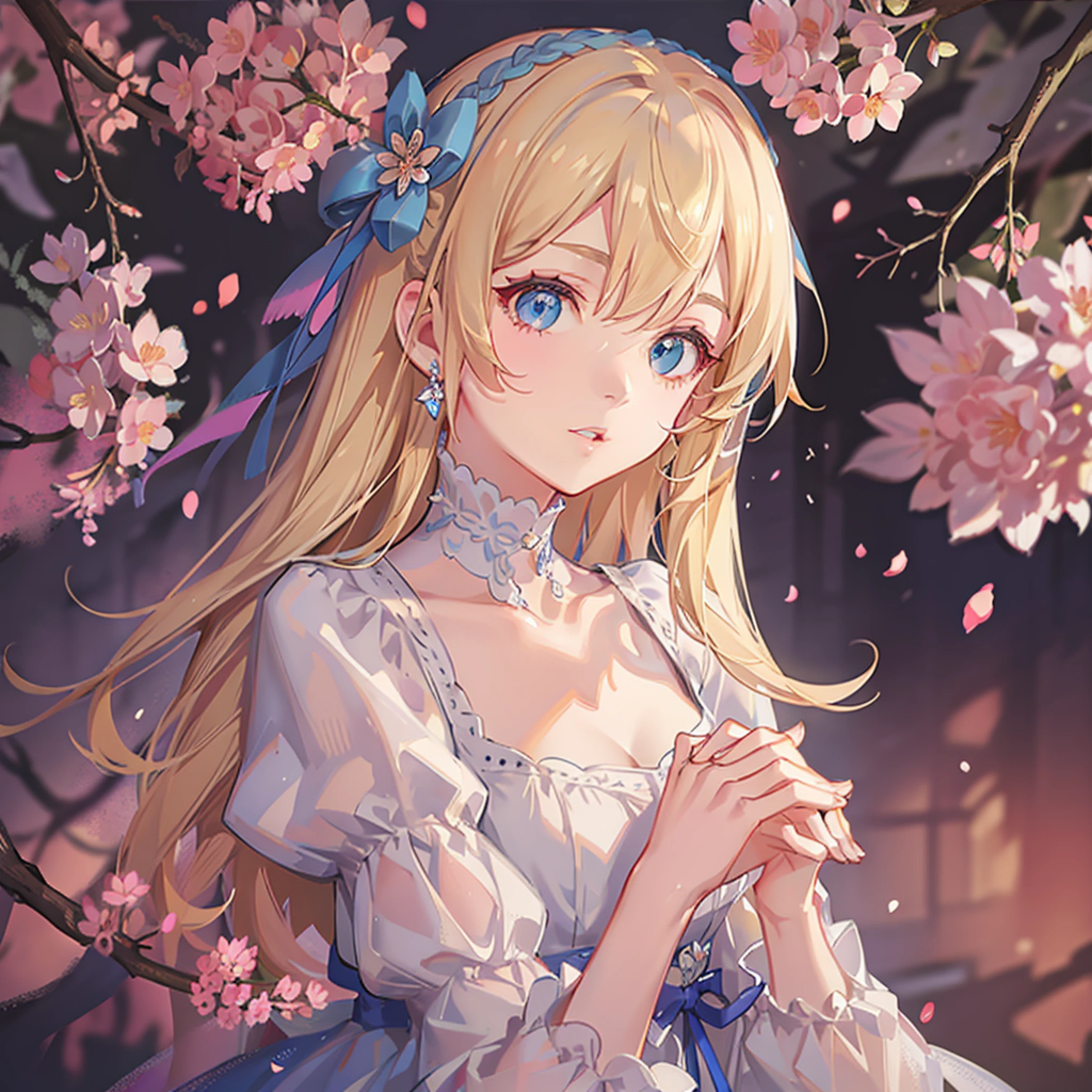 1girl, bangs, blonde hair, blue dress, blue eyes, blurry, blurry background, blurry foreground, bow, branch, cherry blossoms, collarbone, depth of field, dress, dutch angle, eyebrows visible through hair, flower, indoors, long hair, long sleeves, looking at viewer, own hands together, parted lips, petals, pink flower, rose, solo, very long hair, white dress, white flower, wide sleeves,