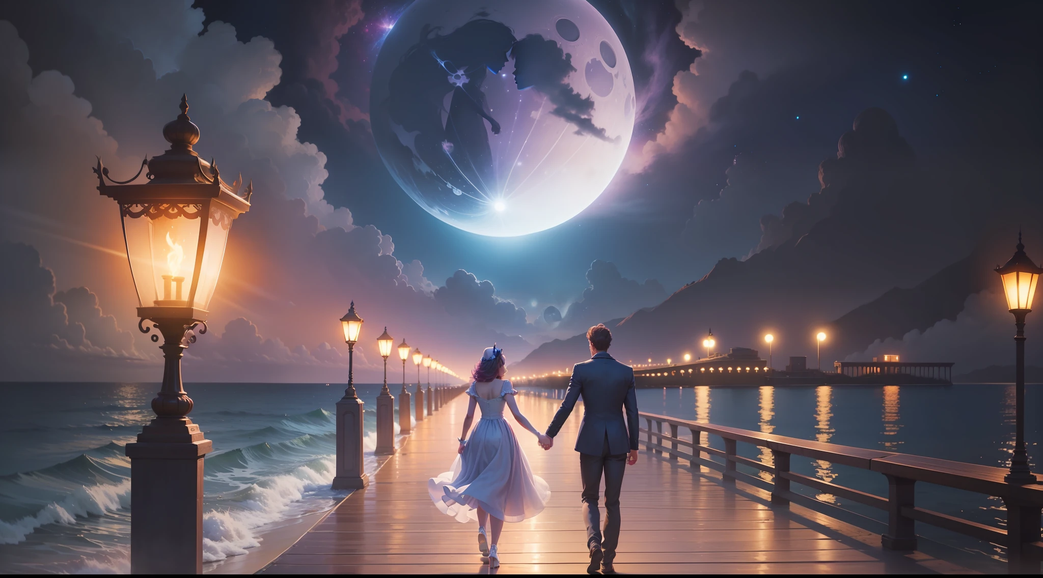 there are two people walking on a pier at night, holding hands in the moonlight, surreal scene, walking together, twilight; digital painting, scenery is happiness wallpaper, she's approaching heaven, walking away, (fantasy), inspired by Tim and Greg Hildebrandt, take my hand, dreamy and romantic, she's getting to heaven, fantasy, romantic!!!, couple walking hand in hand, RGB colors.