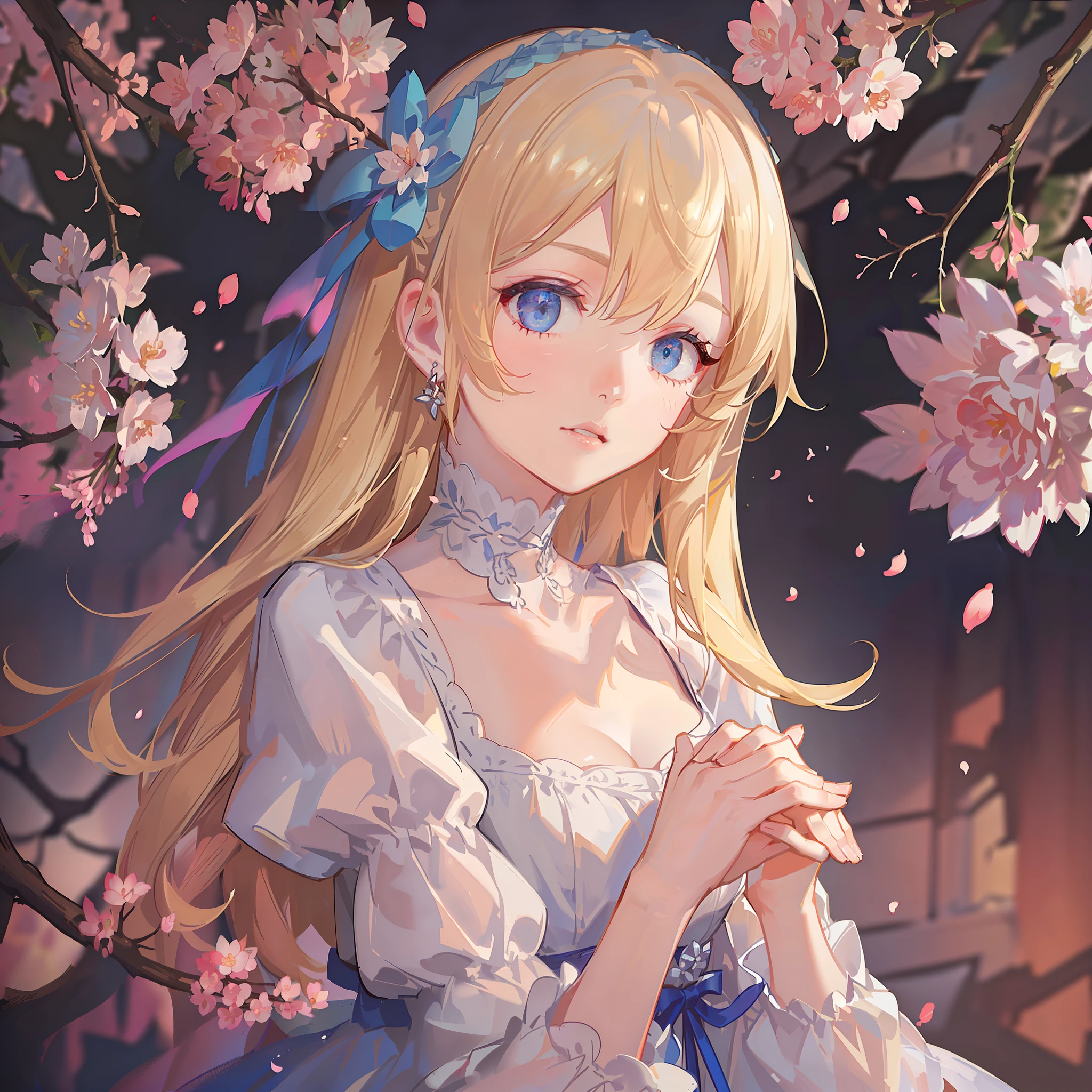 1girl, bangs, blonde hair, blue dress, blue eyes, blurry, blurry background, blurry foreground, bow, branch, cherry blossoms, collarbone, depth of field, dress, dutch angle, eyebrows visible through hair, flower, indoors, long hair, long sleeves, looking at viewer, own hands together, parted lips, petals, pink flower, rose, solo, very long hair, white dress, white flower, wide sleeves,