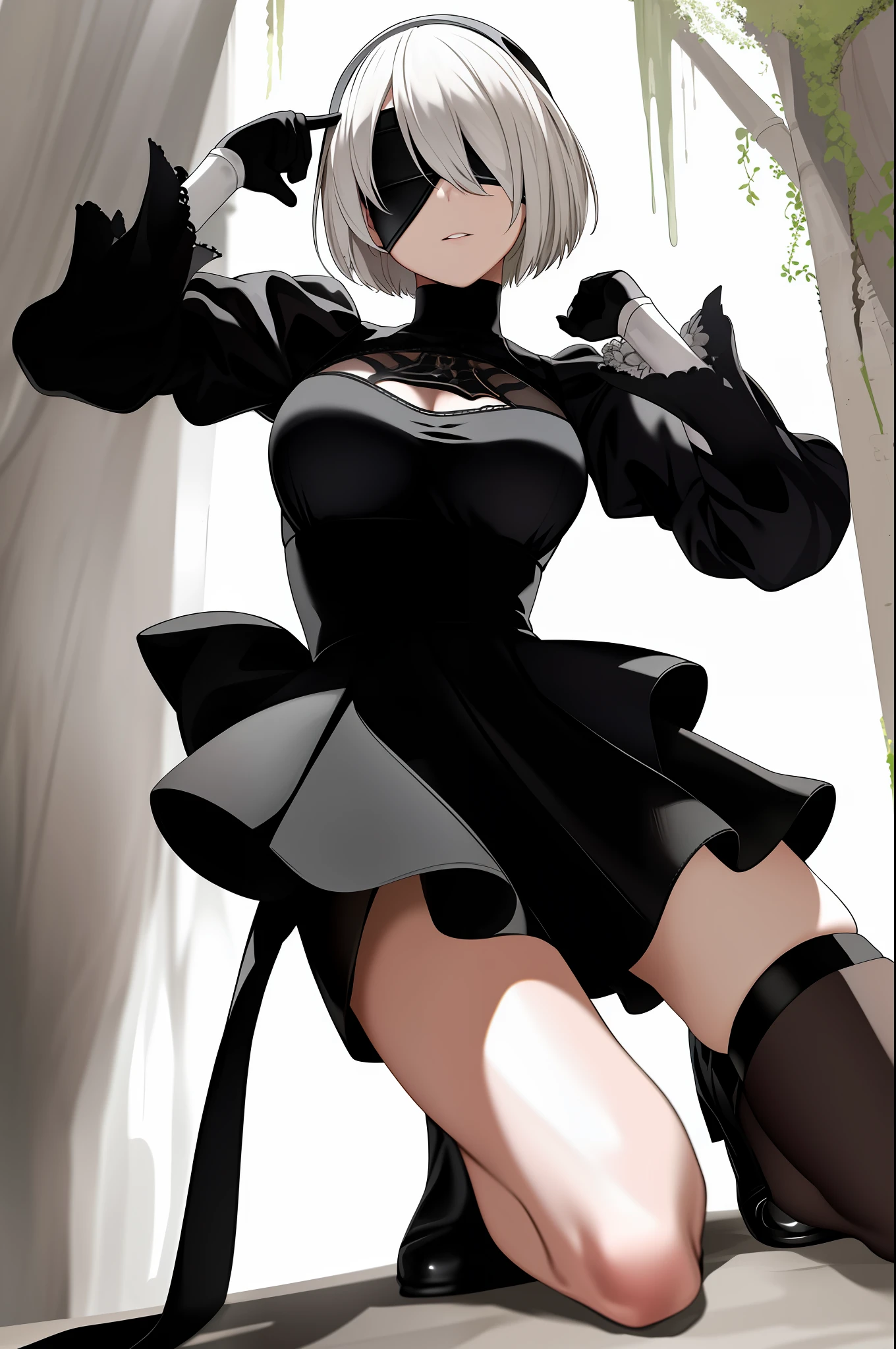 Masterpiece, best_quality, 1girl, solo, yorha no. 2 models B, black eye mask, eye patch, skirt, black skirt,