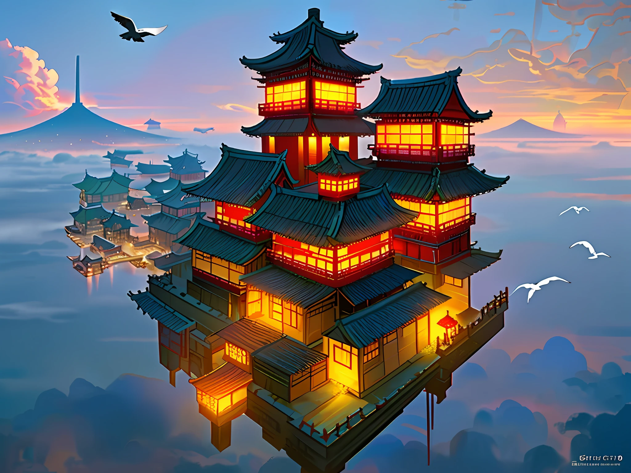 arafed view of a village with a lot of lights on the buildings,Color (Fantasy: 1.2), (cyberpunk chinese ancient castle,), (irregular red building floating on the cloud), patchwork cottages, flower decorations, lights,  japanese city, by Raymond Han, (sky city), ross tran, light shafts, realistic lighting, masterpiece, high quality, beautiful graphics, high detail, masterpiece, high quality, beautiful graphics, high detail, , (flying seabirds in the sky) --v6