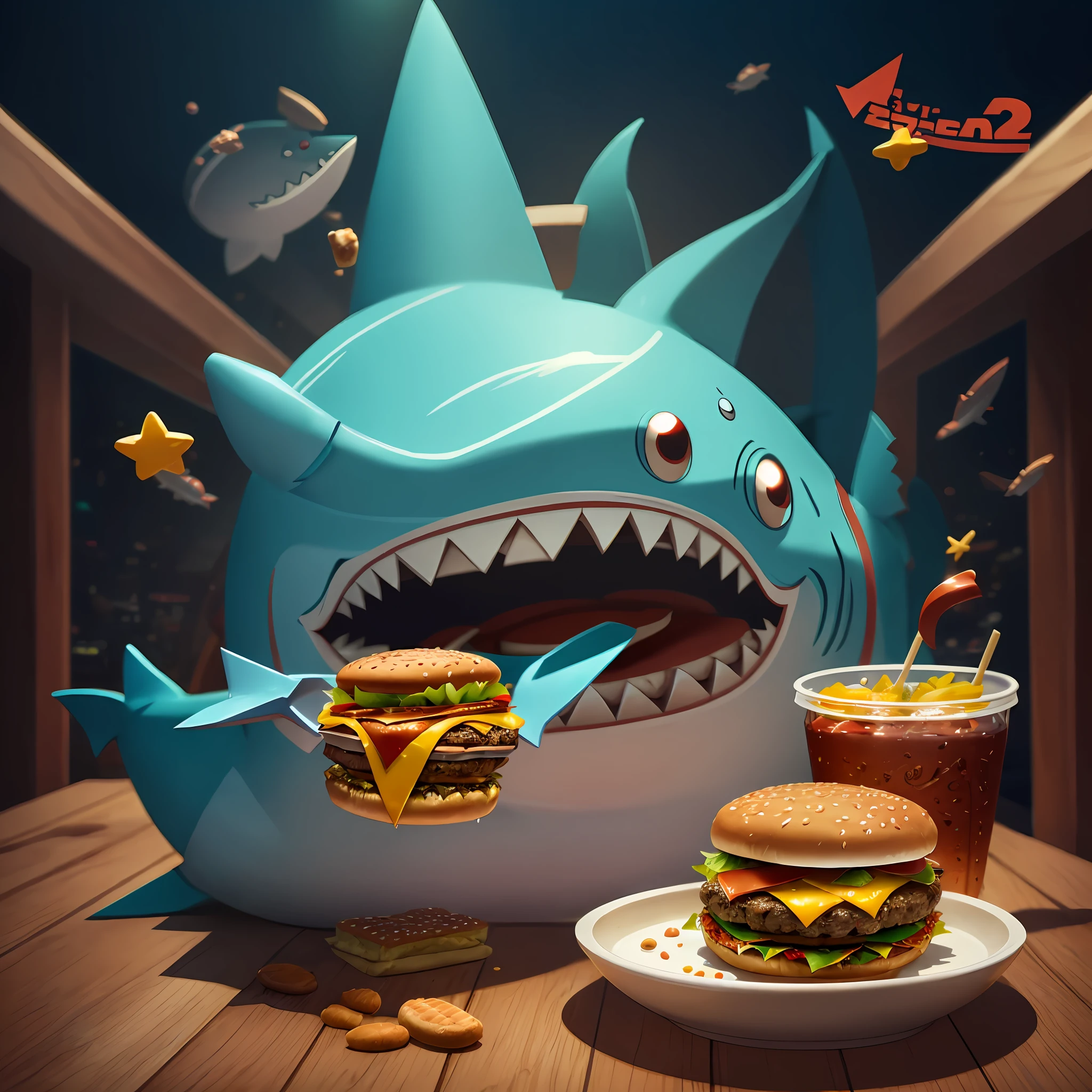 Muscular shark eating hamburger --auto --s2